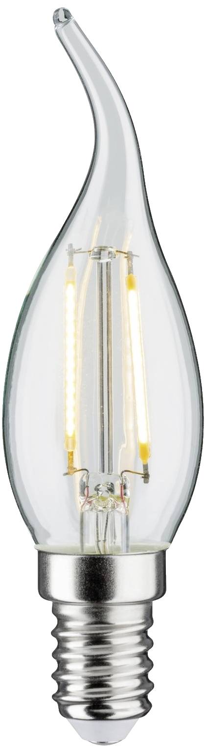 Eine klare LED-Lampe in Tropfenform mit sichtbarem Glühdraht und metallener Fassung, die Energieeffizienz und modernes Design symbolisiert.