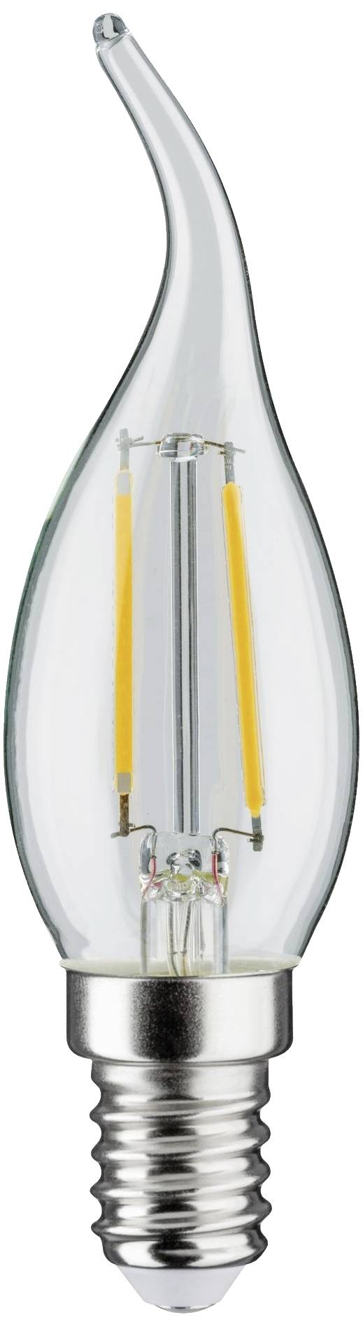 Eine kerzenförmige LED-Glühbirne mit klarer Abdeckung und sichtbarem Filament, aufrecht stehend, mit E14-Sockel.