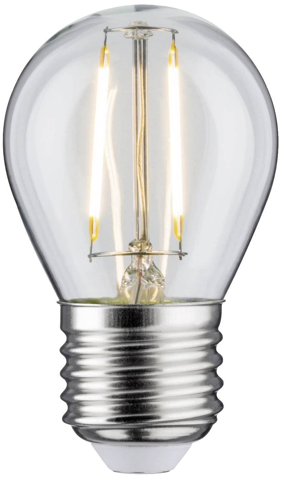 Eine klare Glühbirne mit sichtbarem Filament, eingeschaltet, auf weißem Hintergrund.