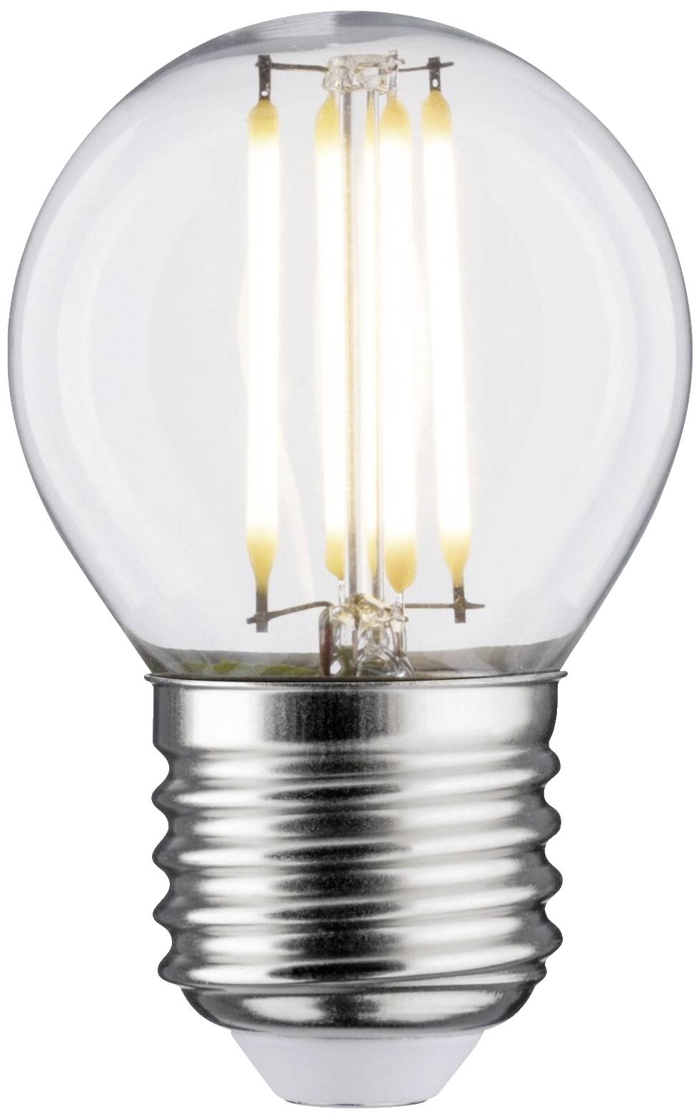 Eine klare Glühbirne mit sichtbaren Glühfäden und metallener Fassung, leuchtend, repräsentiert Energie und Innovation.