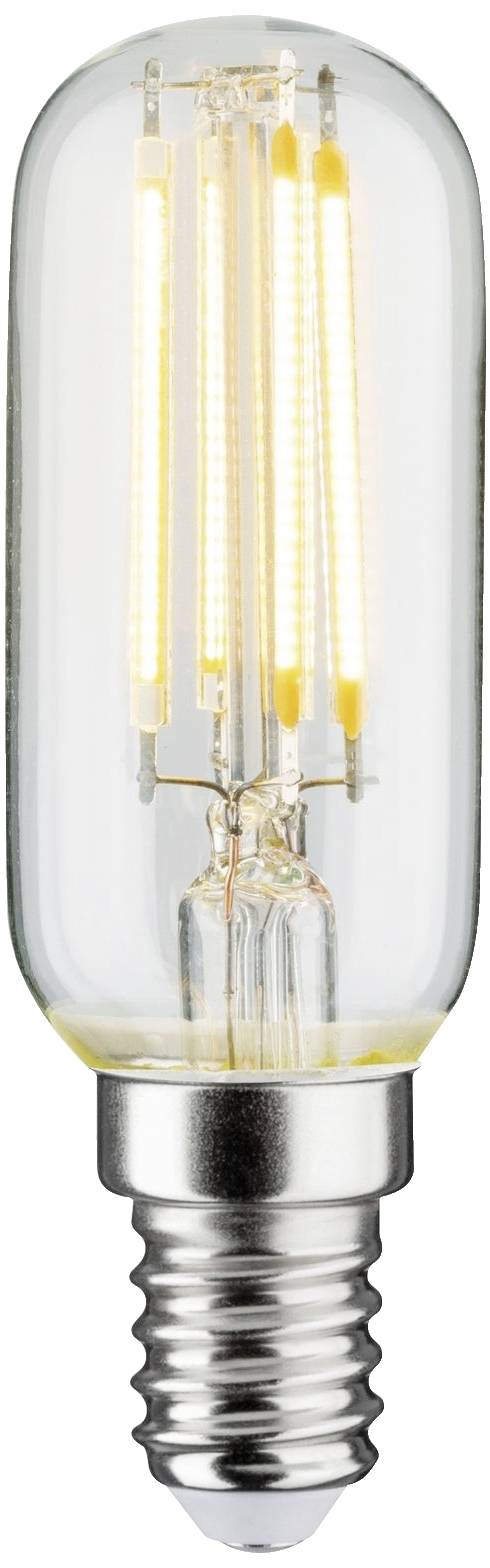 Eine LED-Glühbirne mit E14-Sockel, eingeschaltet, zeigt gelb leuchtende Filamente in klarem Glas. Energiesparend und modern.
