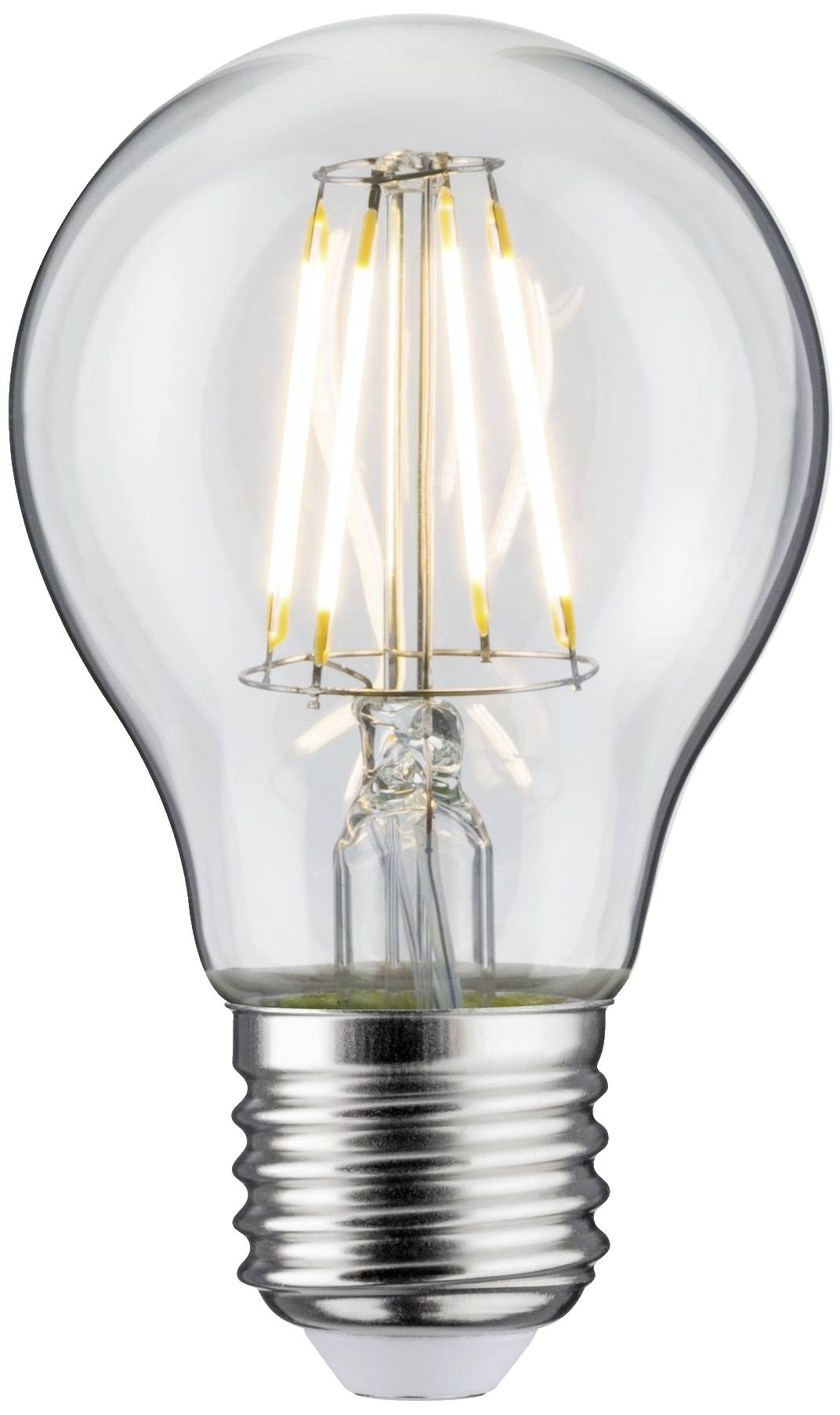 Glühlampe mit sichtbaren Filamenten; sie leuchtet in warmer, heller Farbe und zeigt ein klassisches Design mit Metallfassung.