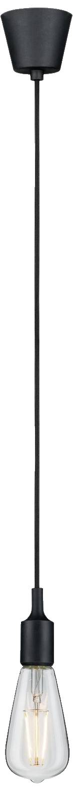 Eine Hängelampe mit schwarzem Kabel und einem klaren, konischen Glasschirm. Die Glühbirne ist sichtbar und eingeschaltet.