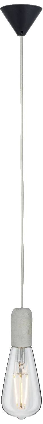 Hängelampe mit schlichtem Design: schwarzer Baldachin, weißes Kabel, klarer Glaslampenschirm, sichtbare Glühbirne.