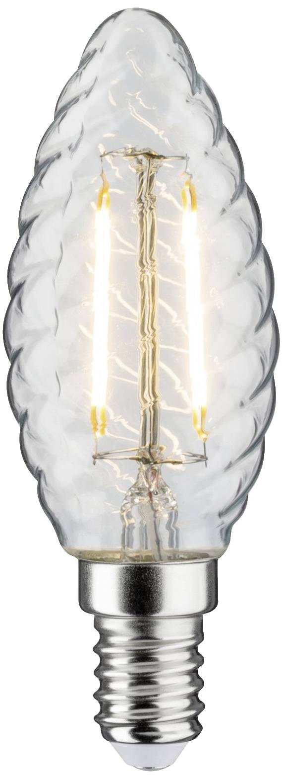 Eine LED-Kerzenlampe mit sichtbaren Filamenten in einem transparenten, spiralförmigen Glasgehäuse.