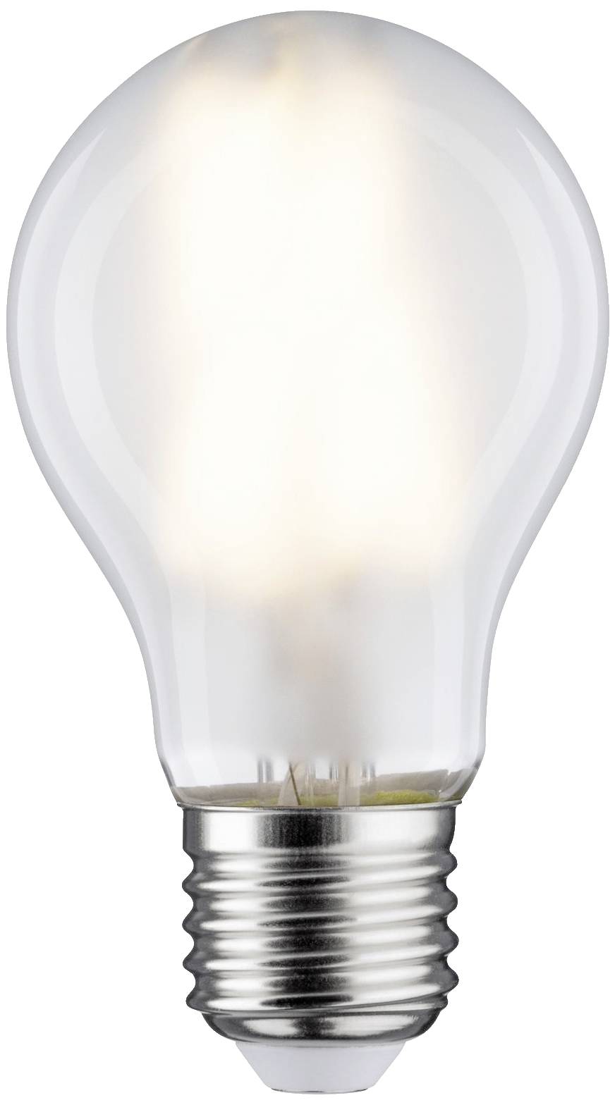 Eine eingeschaltete Glühbirne mit Schraubsockel, die sanftes, warmes Licht ausstrahlt.