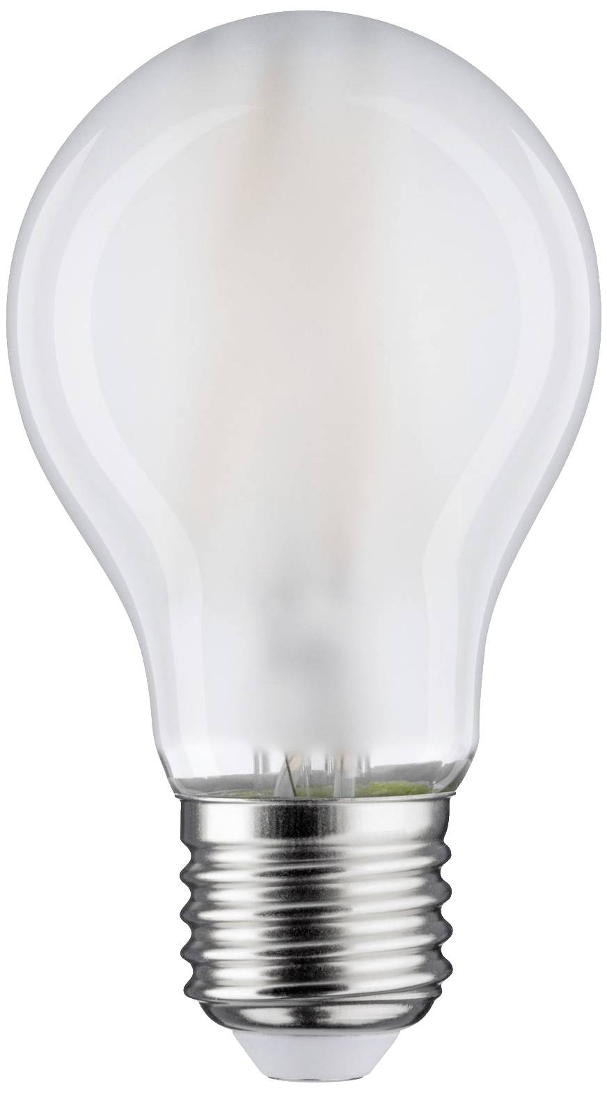 Transparent Glühbirne mit silbernem Sockel, aufrecht stehend. Symbolisiert Idee oder Innovation.