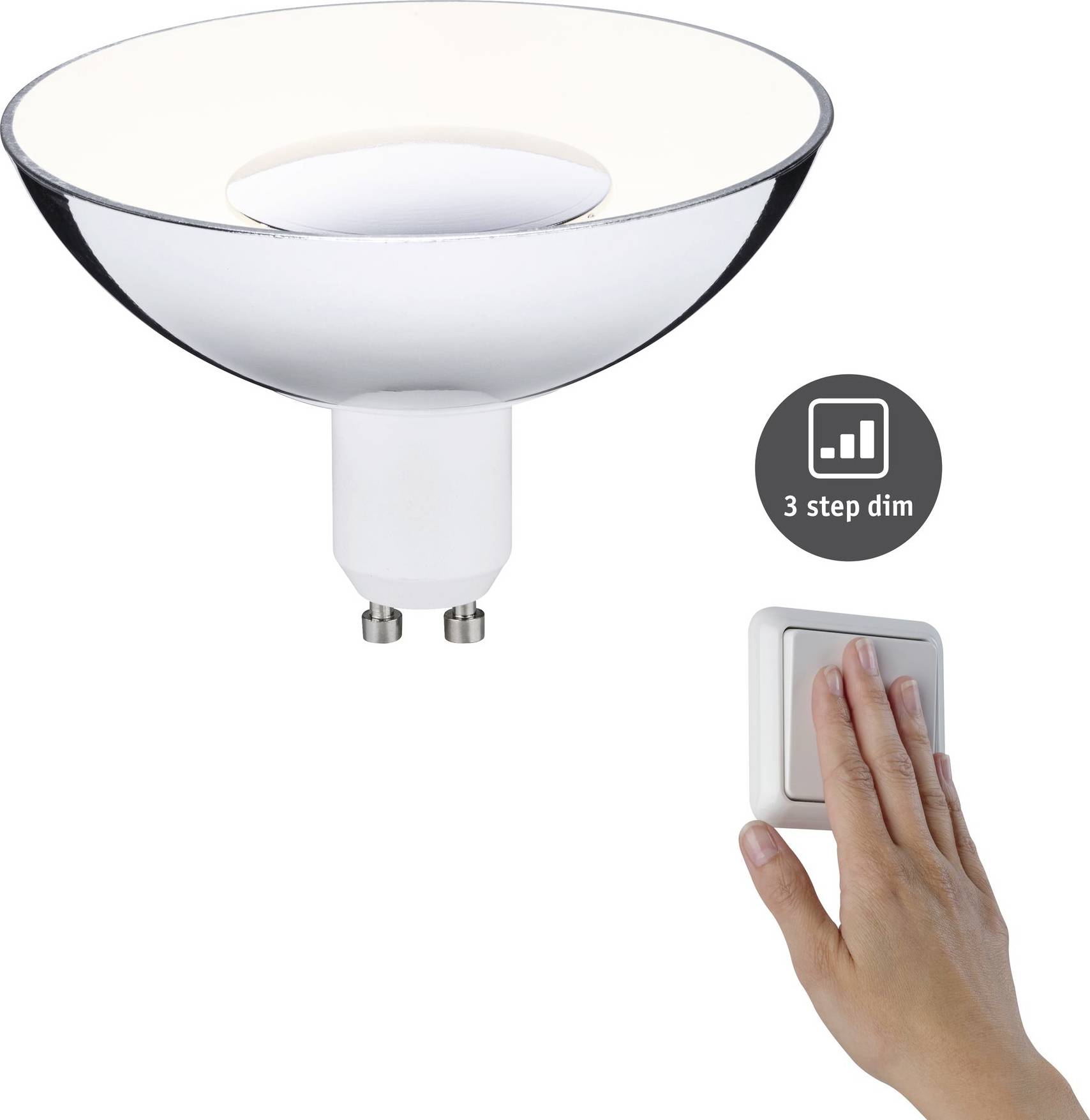 LED-Lampe mit dimmbarer Funktion in 3 Stufen. Hand drückt Schalter, um Helligkeit anzupassen. Klare, moderne Designästhetik.