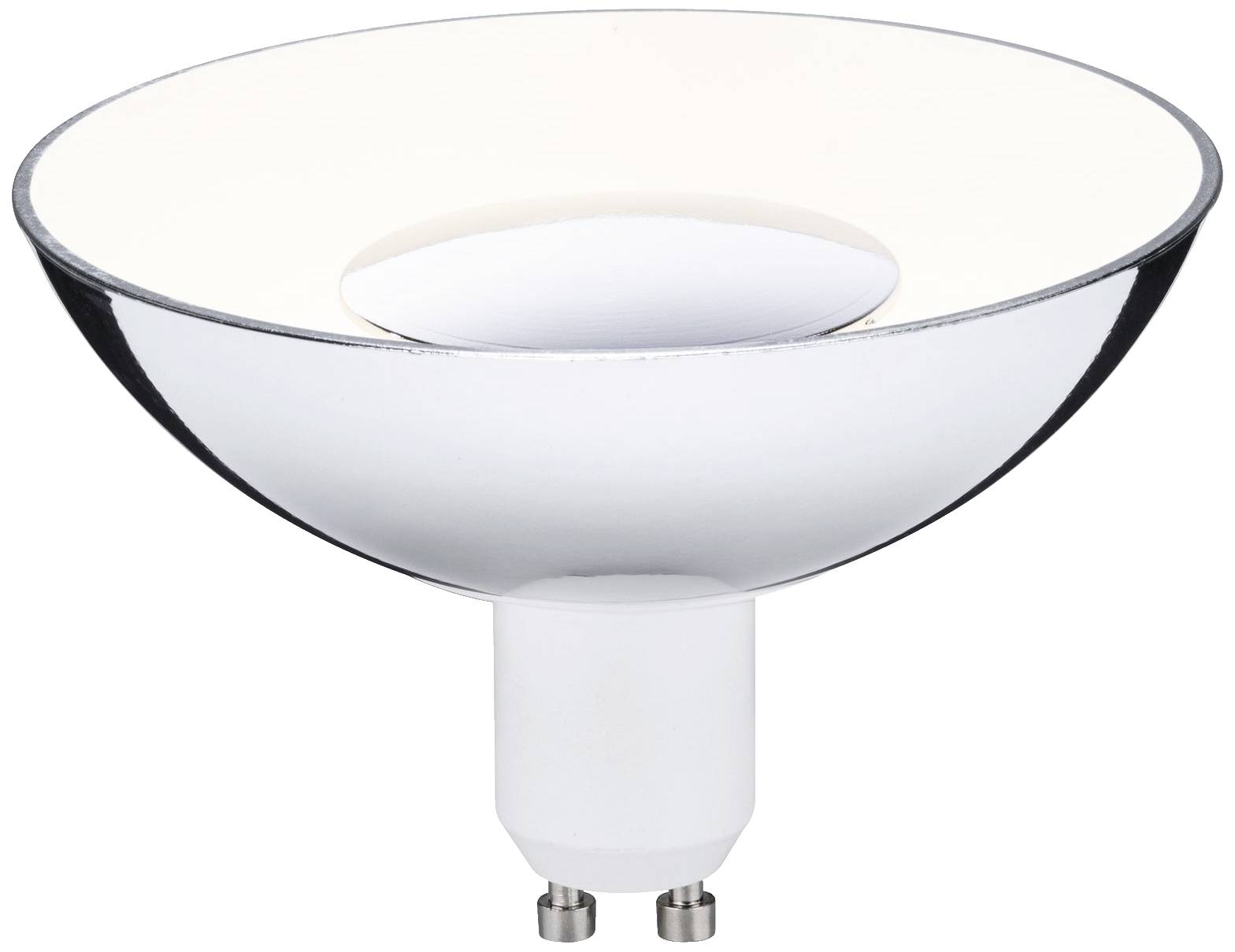 Eine silberne LED-Reflektorlampe mit GU10-Sockel, geeignet für Deckeneinbauleuchten, präsentiert auf weißem Hintergrund.