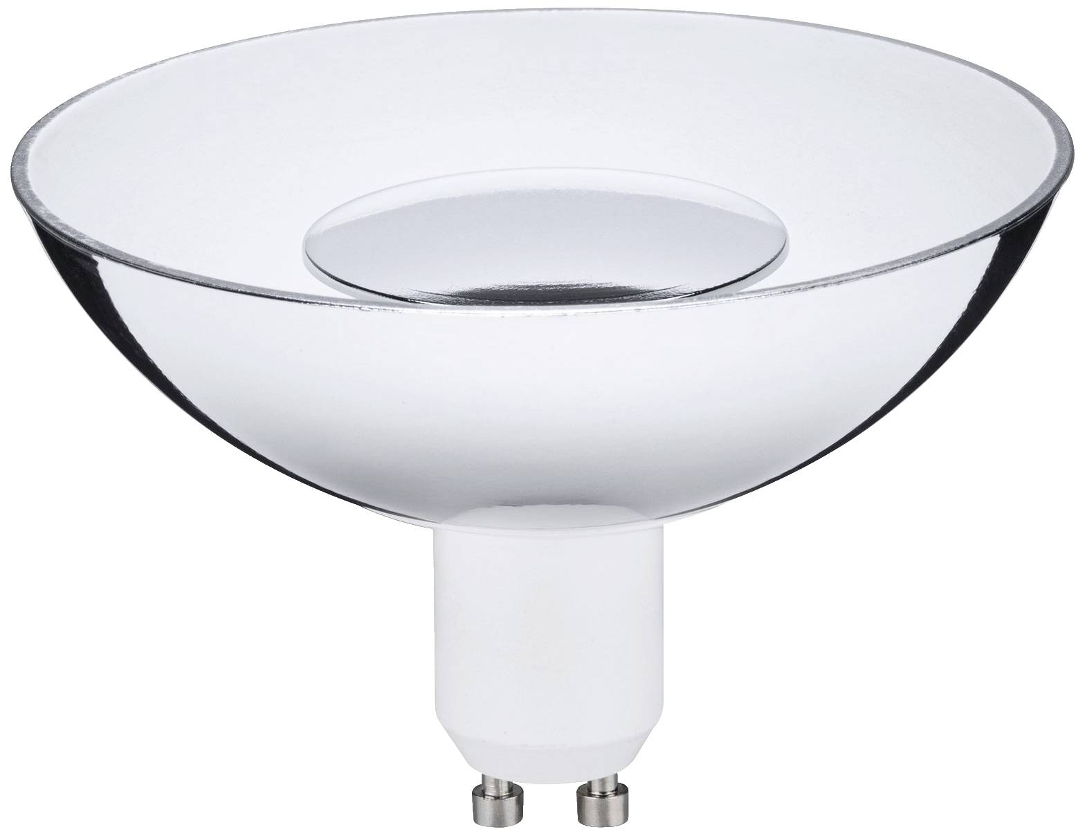 Eine runde Reflektorlampe mit silbernem Inneren und weißem Sockel, geeignet für GU10-Fassungen. Ideal für gerichtetes Beleuchten.