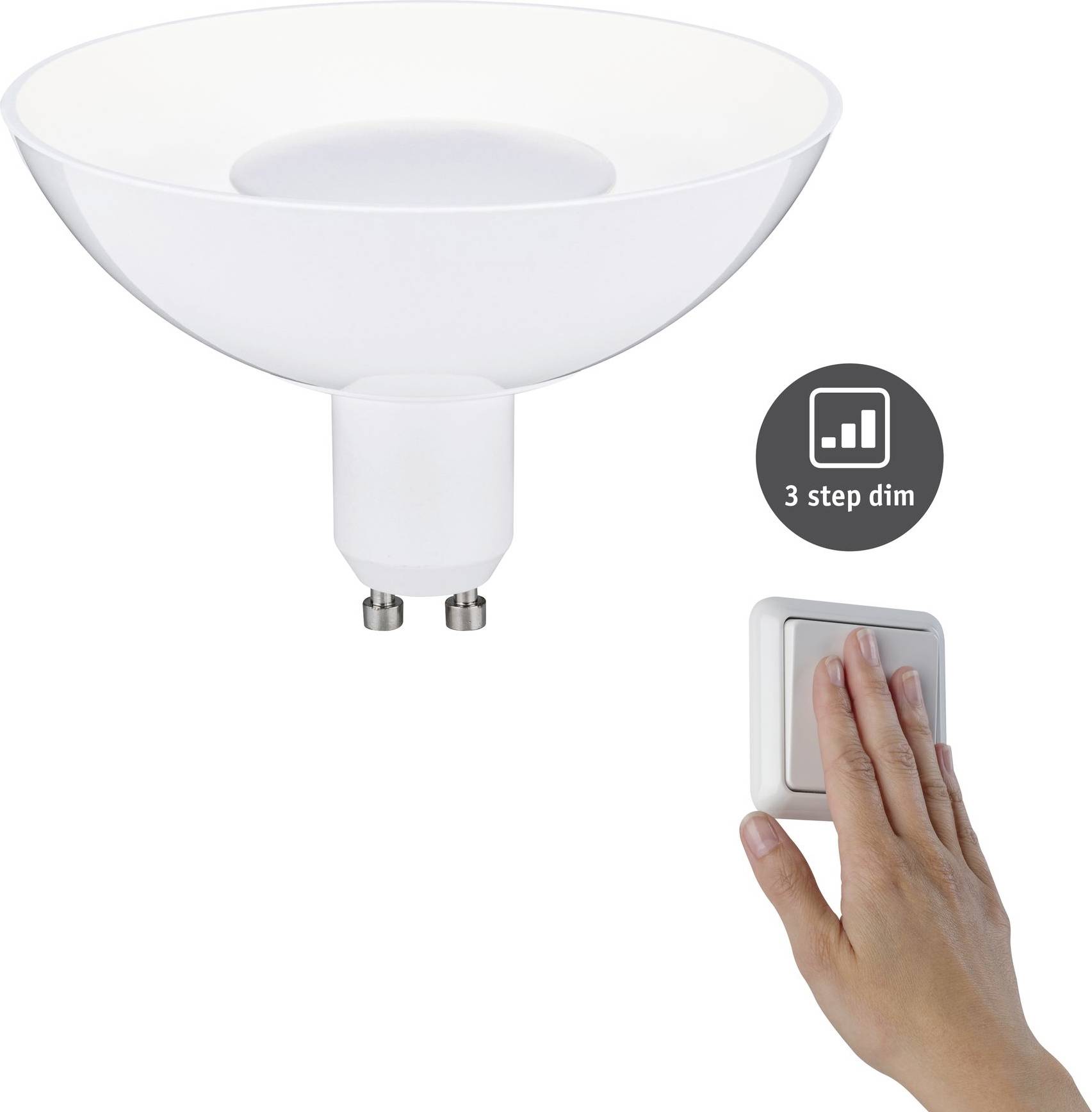 LED-Leuchte mit GU10-Sockel und 3-stufiger Dimmerfunktion. Eine Hand betätigt einen Schalter auf einem runden Symbol.