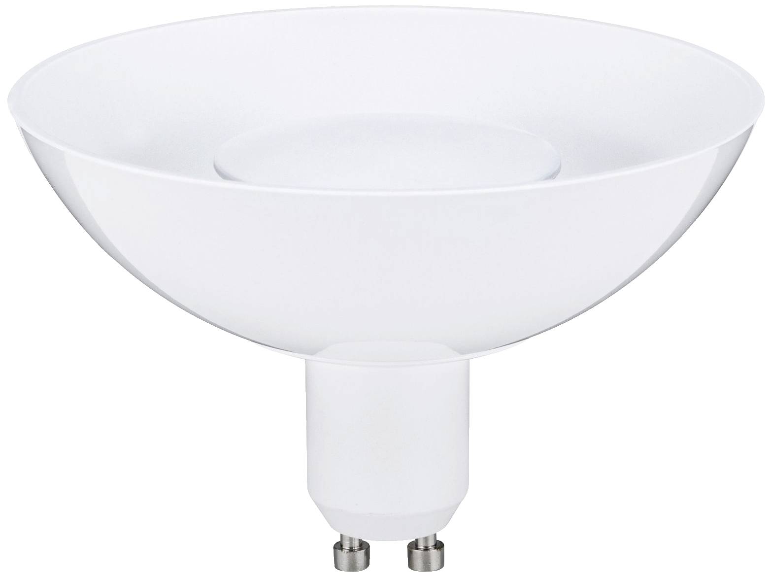 Eine weiße LED-Lampe mit breitem, rundem Reflektor und GU10-Sockel, geeignet für Leuchten mit passendem Anschluss.