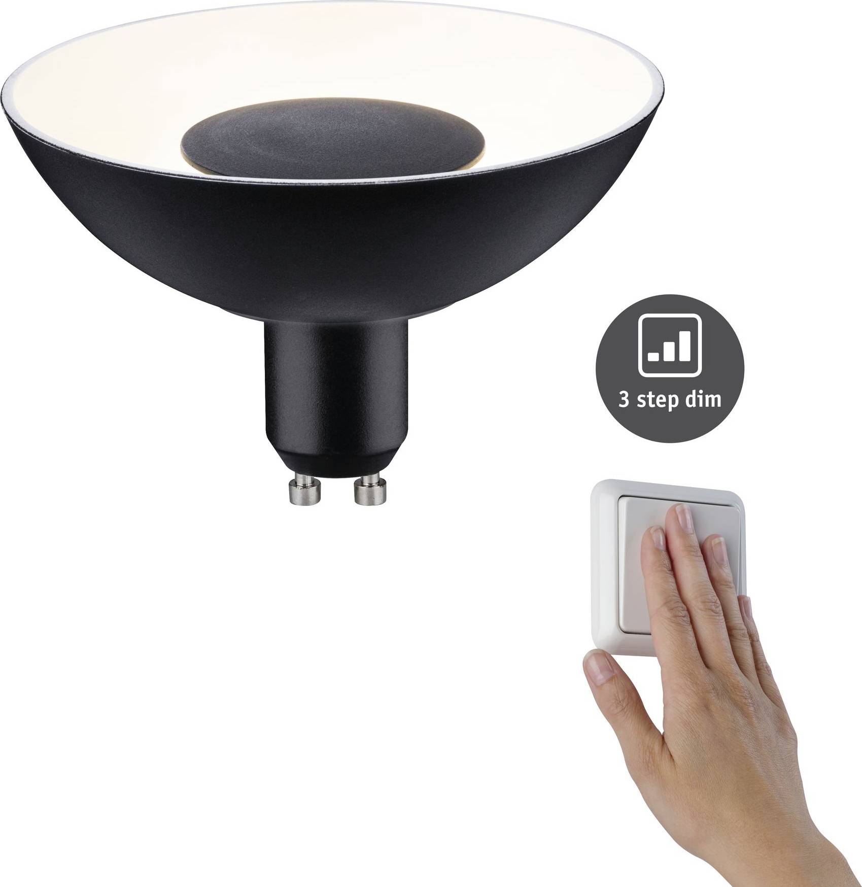 Schwarze Deckenleuchte mit weißem Lichtschein und Dimmschalter. Eine Hand berührt den Schalter. Symboldarstellung '3-Step-Dim'.