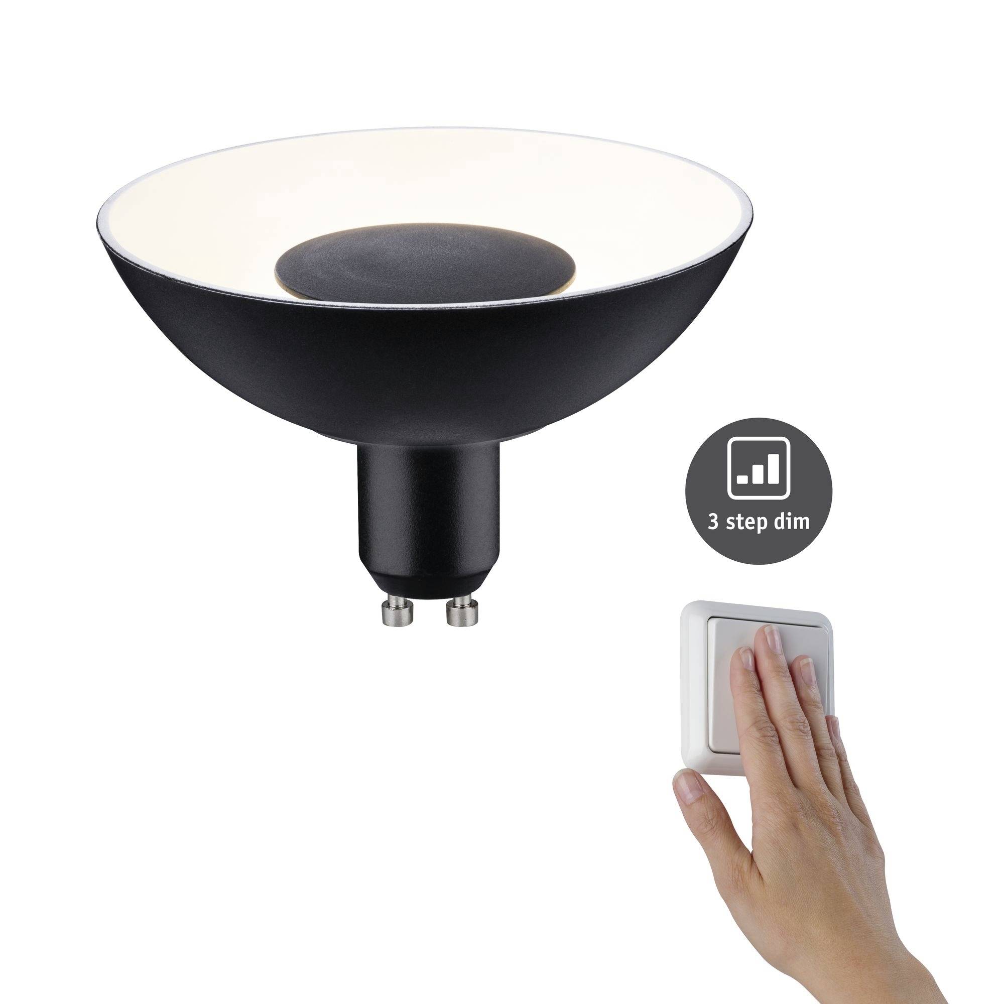 LED-Deckenleuchte in dunklem Design mit dimmbarem Licht in drei Stufen. Eine Hand berührt einen Lichtschalter.