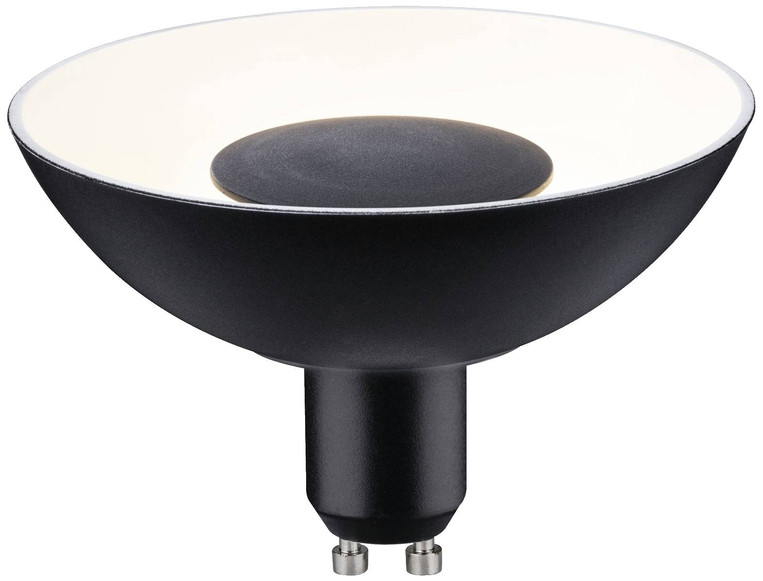 Schwarze LED-Lampe in einer flachen, offenen Form, die Licht nach oben abstrahlt. Geeignet für GU10-Fassungen und energieeffizient.