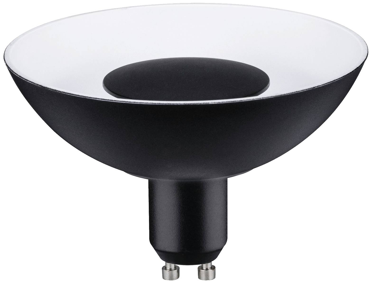 Eine schwarze LED-Birne mit breitem, flachem Lampenschirm, geeignet für GU10-Fassungen. Ideal für modernes Innendesign.