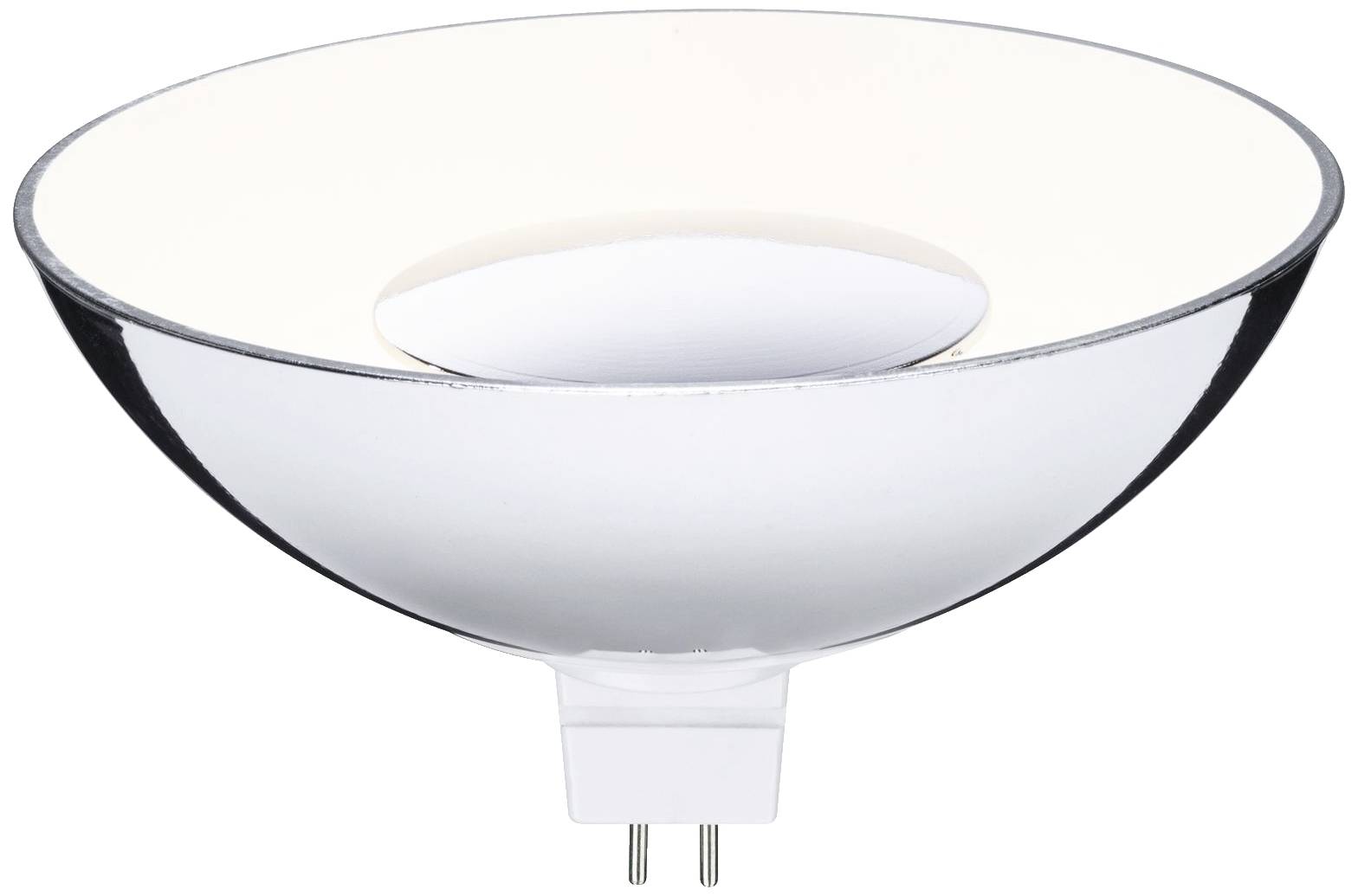 Weiße Halogenlampe mit metallener Fassung und zwei Stiften am Sockel, zeigt typisches Design für Beleuchtungszwecke.