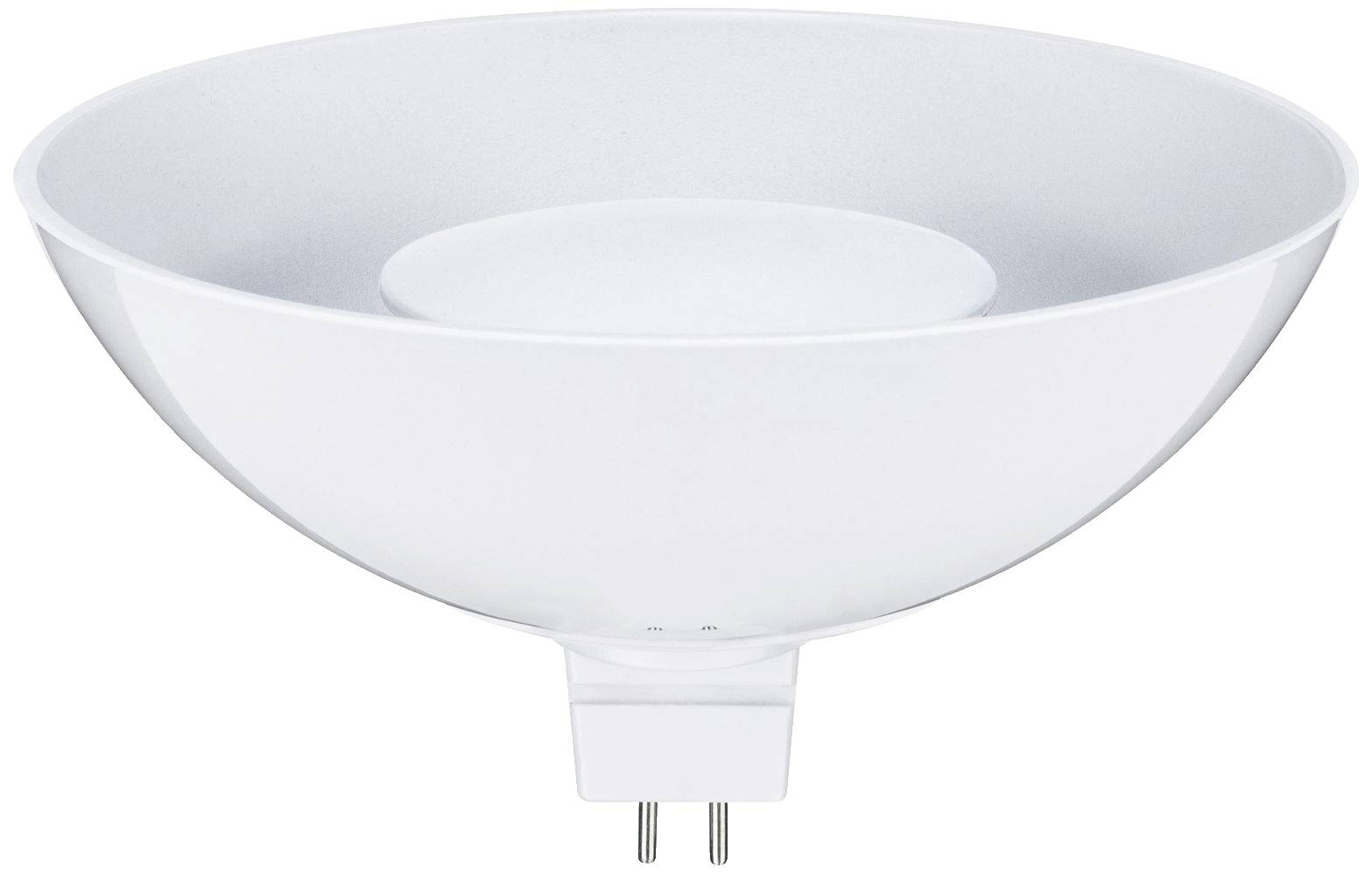 Eine runde, weiße LED-Lampe mit GU5.3 Sockel. Die Lampe hat eine flache, schalenförmige Oberfläche.