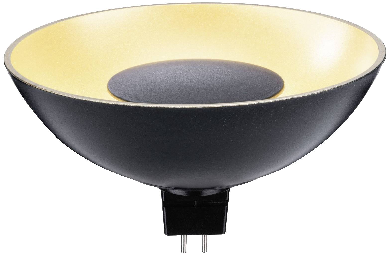 Schwarze LED-Lampe in Form einer flachen Schale, mit goldener Innenseite und bipoligem Stecker. Geeignet für dekorative Beleuchtung.