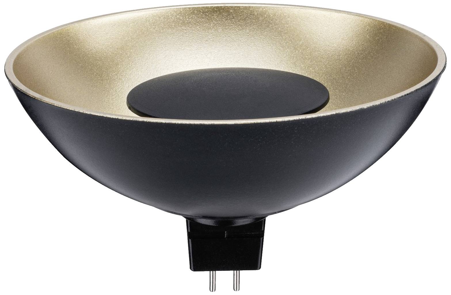 Schwarze Halbkugellampe mit goldener Innenseite und zweipoligem Stecker. Ideal für stimmungsvolle Beleuchtung.