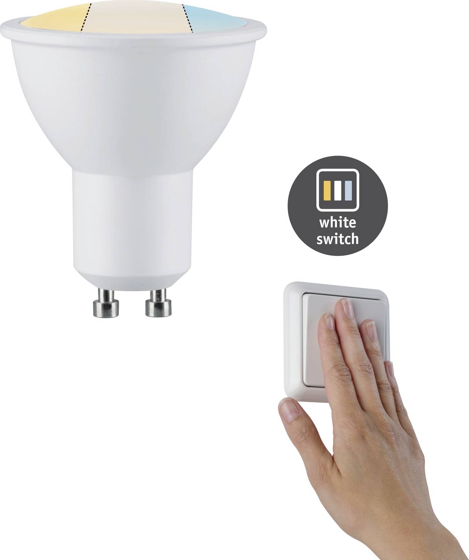 Eine Hand betätigt einen Lichtschalter. Daneben eine LED-Lampe mit dem Aufdruck 'white switch', die wechselt zwischen warmem und kaltem Licht.