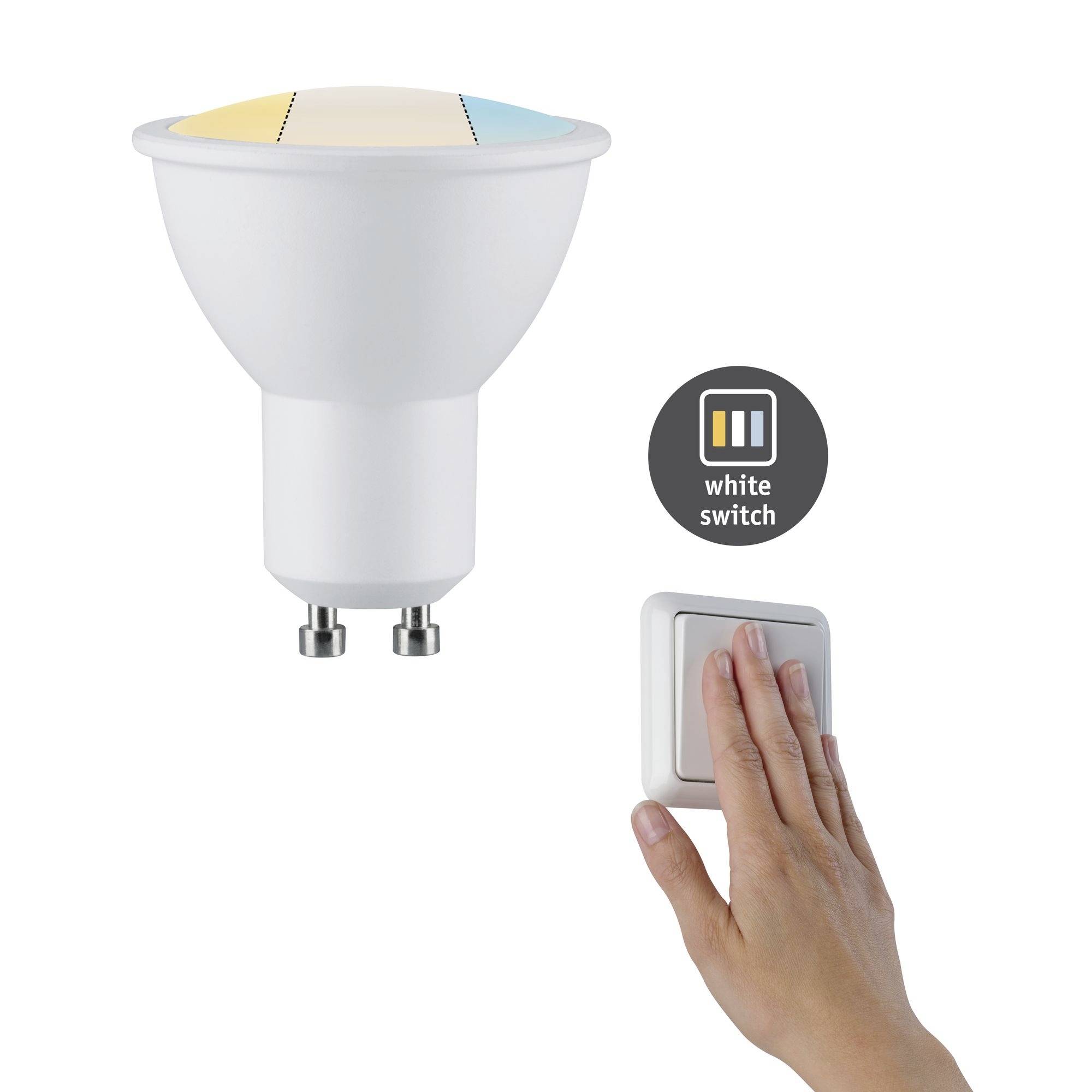 Eine Hand drückt einen Lichtschalter. Eine weiße LED-Anzeige zeigt 'white switch'. Oben links ist eine Birne mit gelb, blau und weiß markiert.