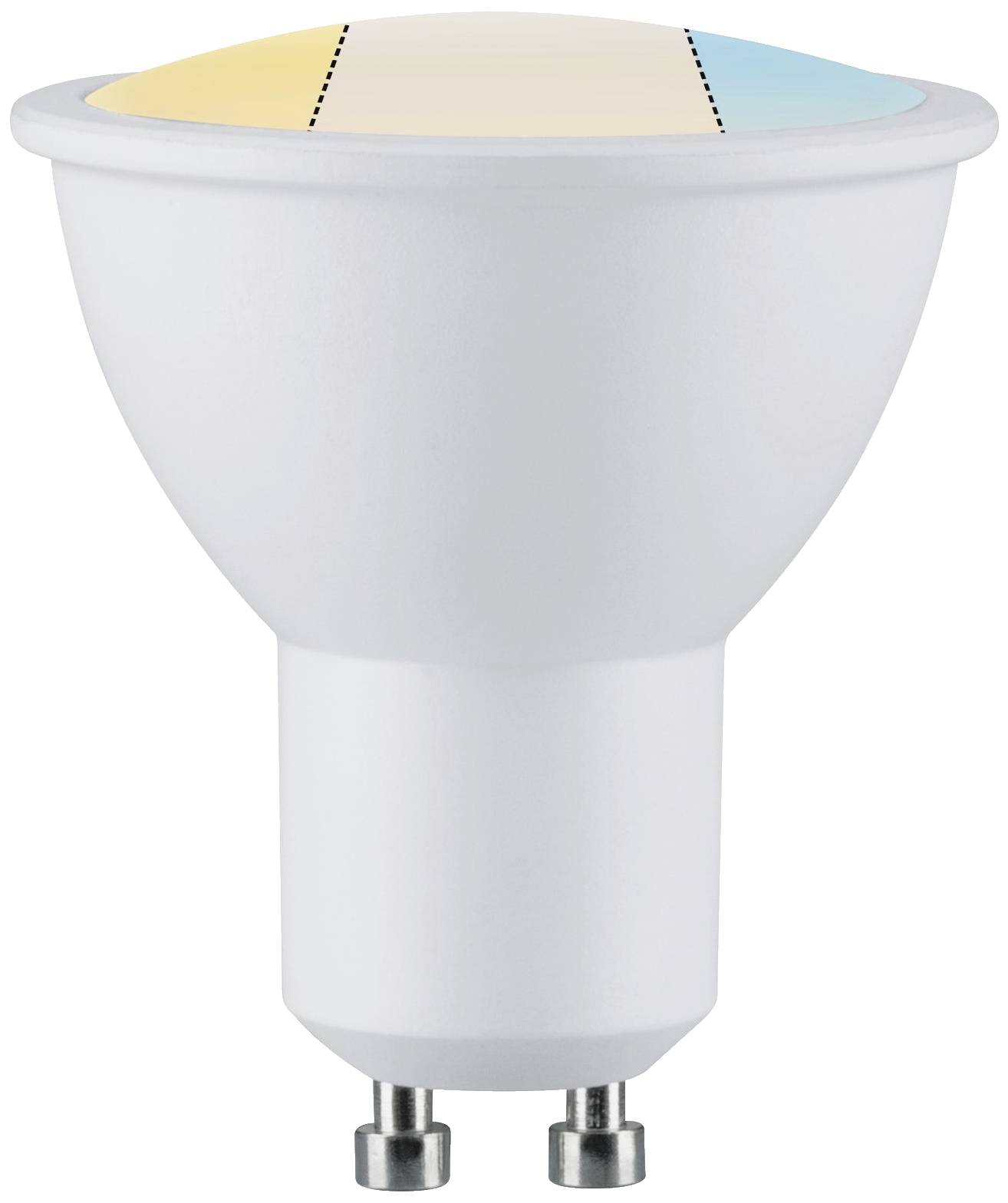 Eine LED-Glühbirne mit GU10-Sockel, unterscheidbare Farbsegmente auf der Oberseite symbolisieren unterschiedliche Lichttöne.