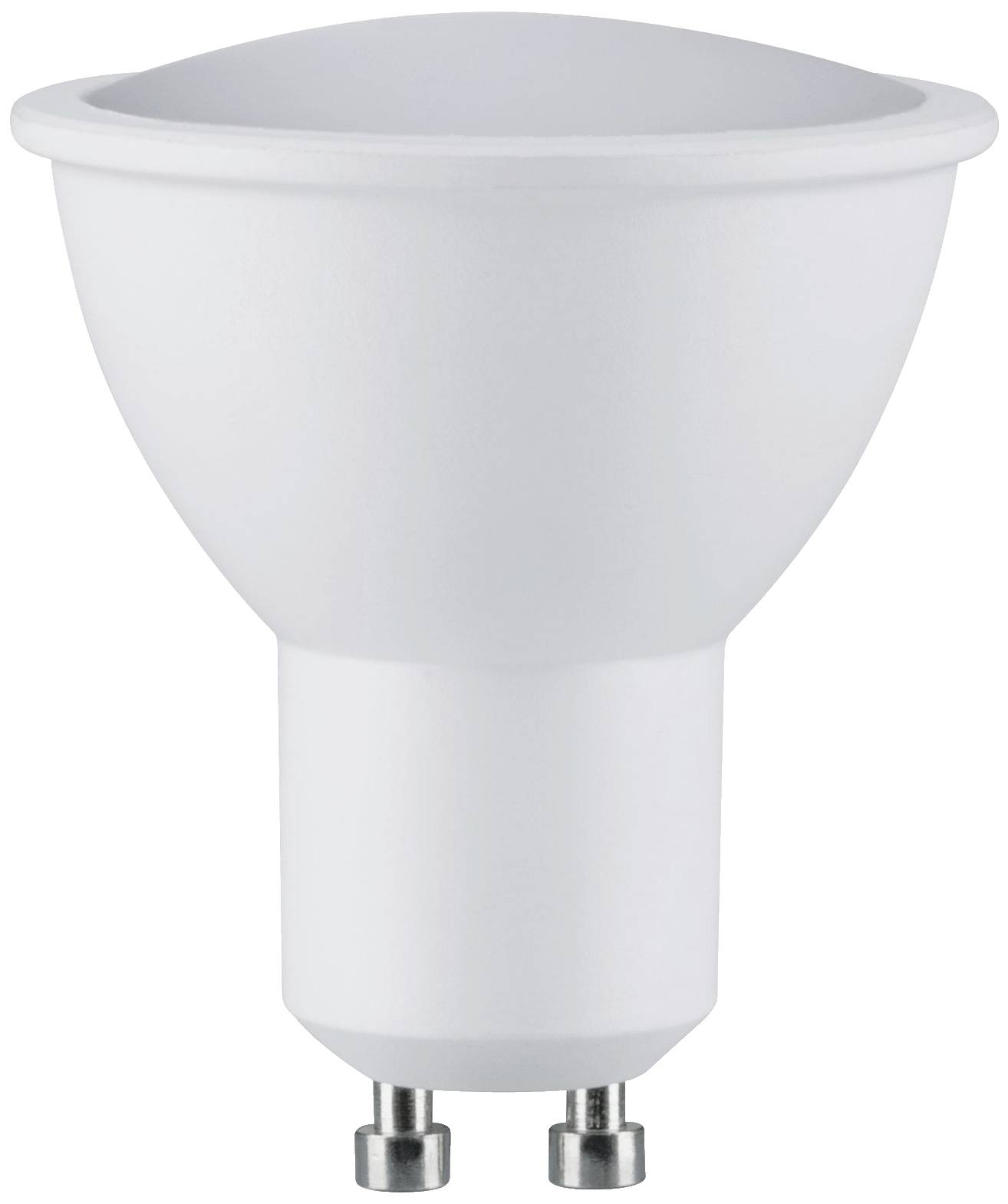 Eine weiße LED-Glühbirne mit GU10-Sockel, zylinderförmig mit einer breiteren Oberseite. Sie ist für Energiesparlampen geeignet.