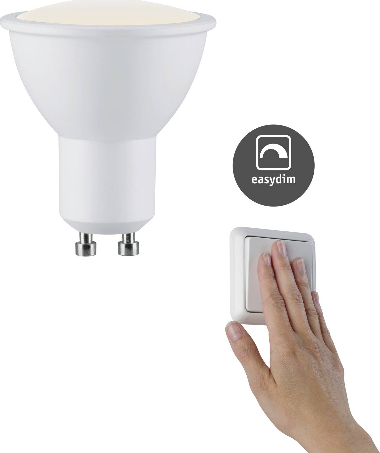 Eine Hand betätigt einen Lichtschalter neben einer LED-Glühbirne mit 'easydim'-Funktion, die Helligkeit reguliert.