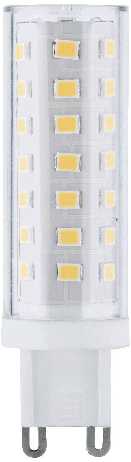LED-Leuchtmittel mit zylindrischem Gehäuse, klarer Abdeckung und mehreren gelben LEDs auf weißer Platine. Geeignet für G9-Fassung.