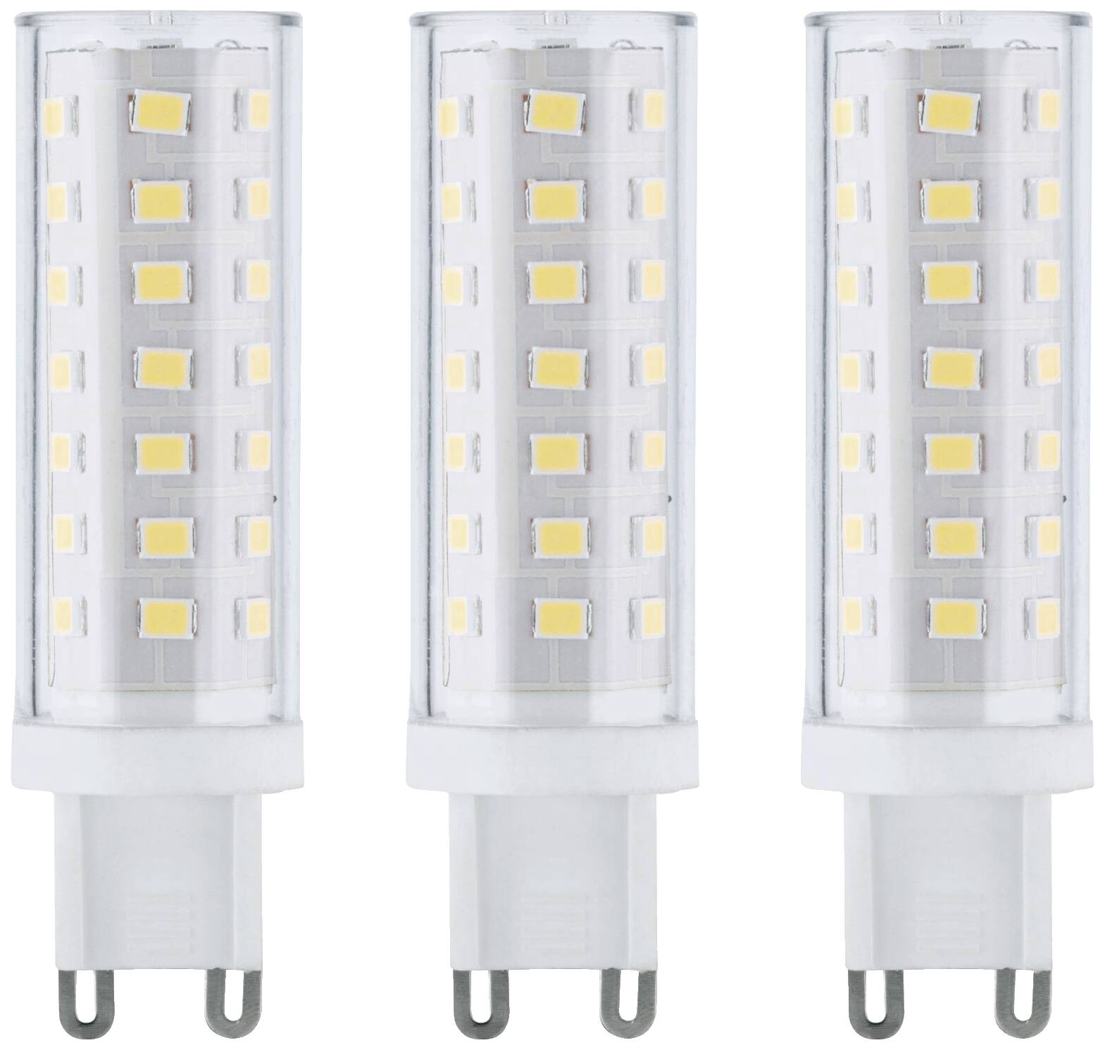 Drei identische LED-Leuchtmittel mit Steckverbindung und mehreren gelben Leuchtdioden in einer transparenten Hülle.