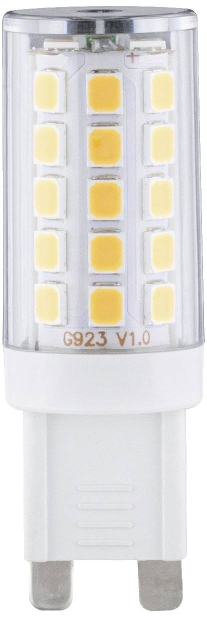 Weiße LED-Glühbirne mit zylindrischer Form und mehreren gelben Leuchtdioden, Sockeltyp G923 V1.0, steht aufrecht.