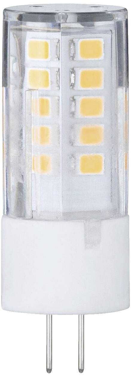 Eine G9 LED-Lampe mit mehreren leuchtenden Dioden in einem durchsichtigen Gehäuse mit zwei Metallstiften am unteren Ende.