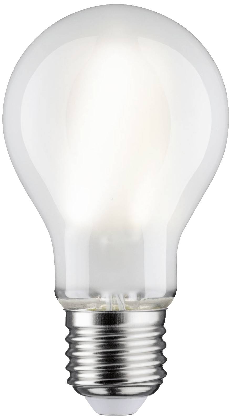 Eine Glühbirne mit E27-Fassung, eingeschaltet, symbolisiert Idee oder Lichtquelle.