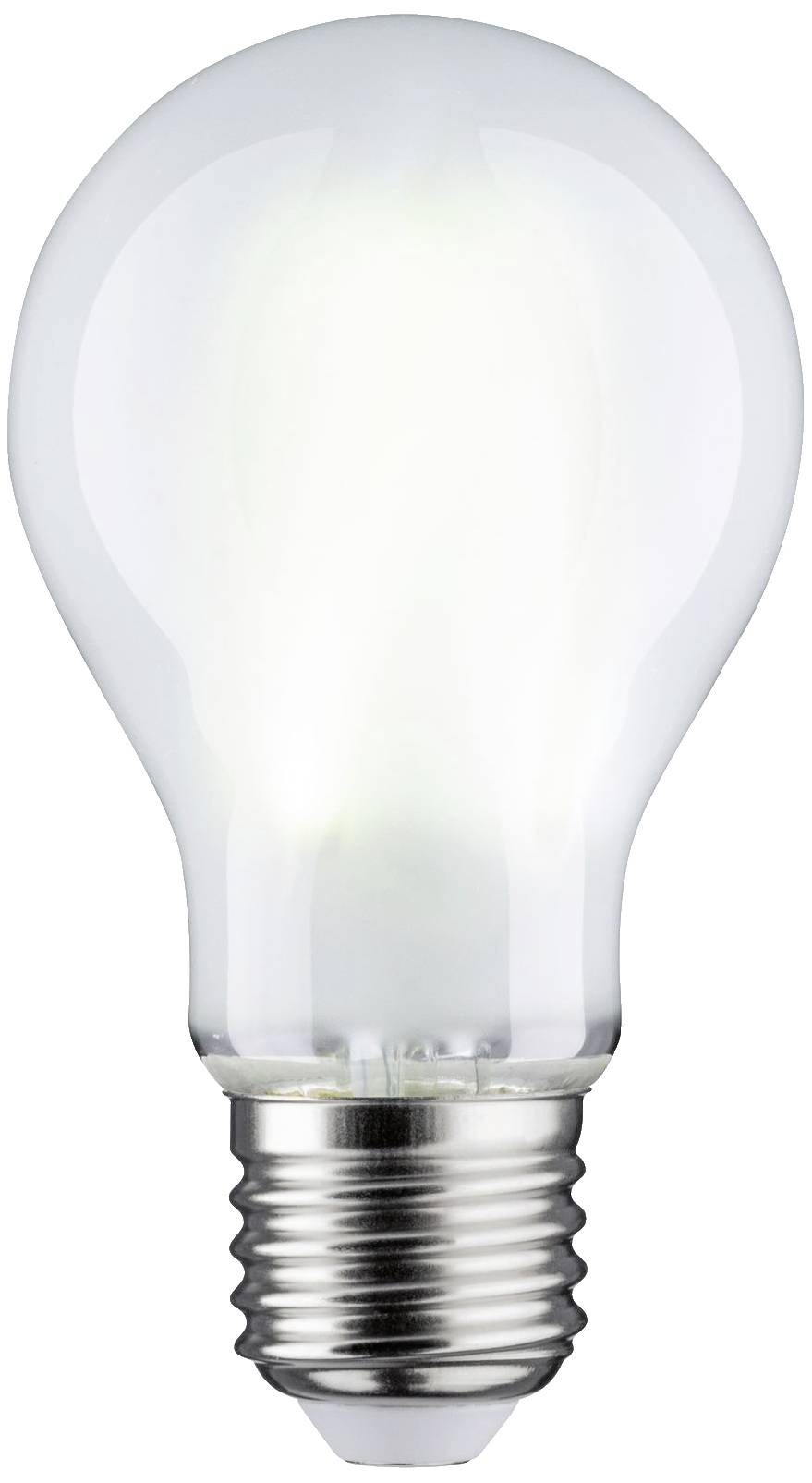 Eine Glühlampe mit silbernem Sockel und weißem Glaskolben, die eine Beleuchtung simuliert.