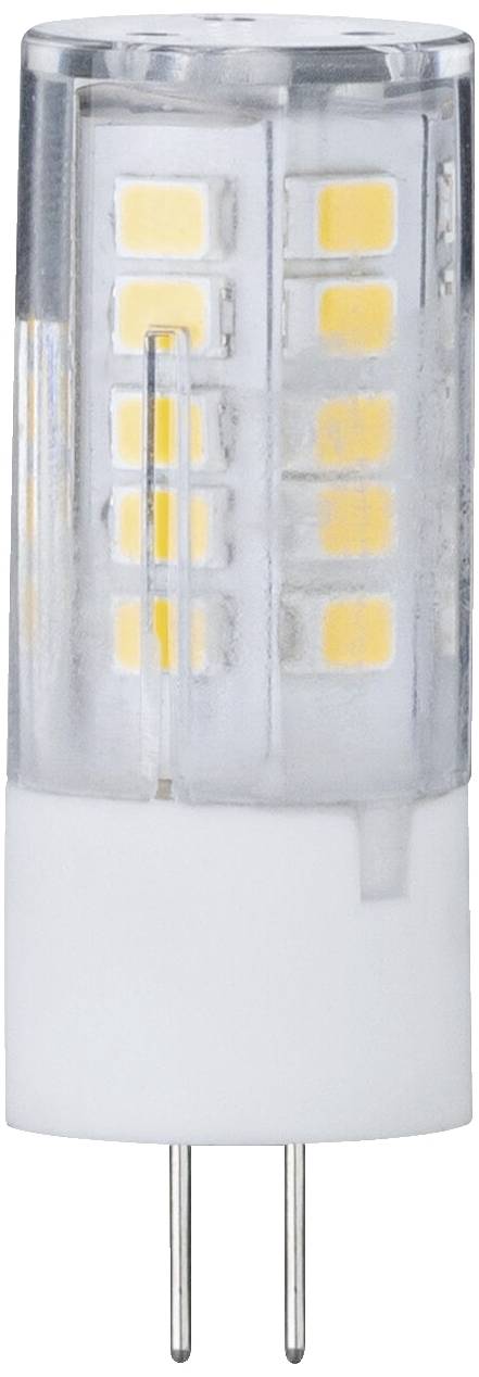 LED Leuchtmittel mit G4-Sockel und klarer Oberfläche, zeigt gelbe Leuchtpunkte. Geeignet für kleine Lampen und energieeffizient.