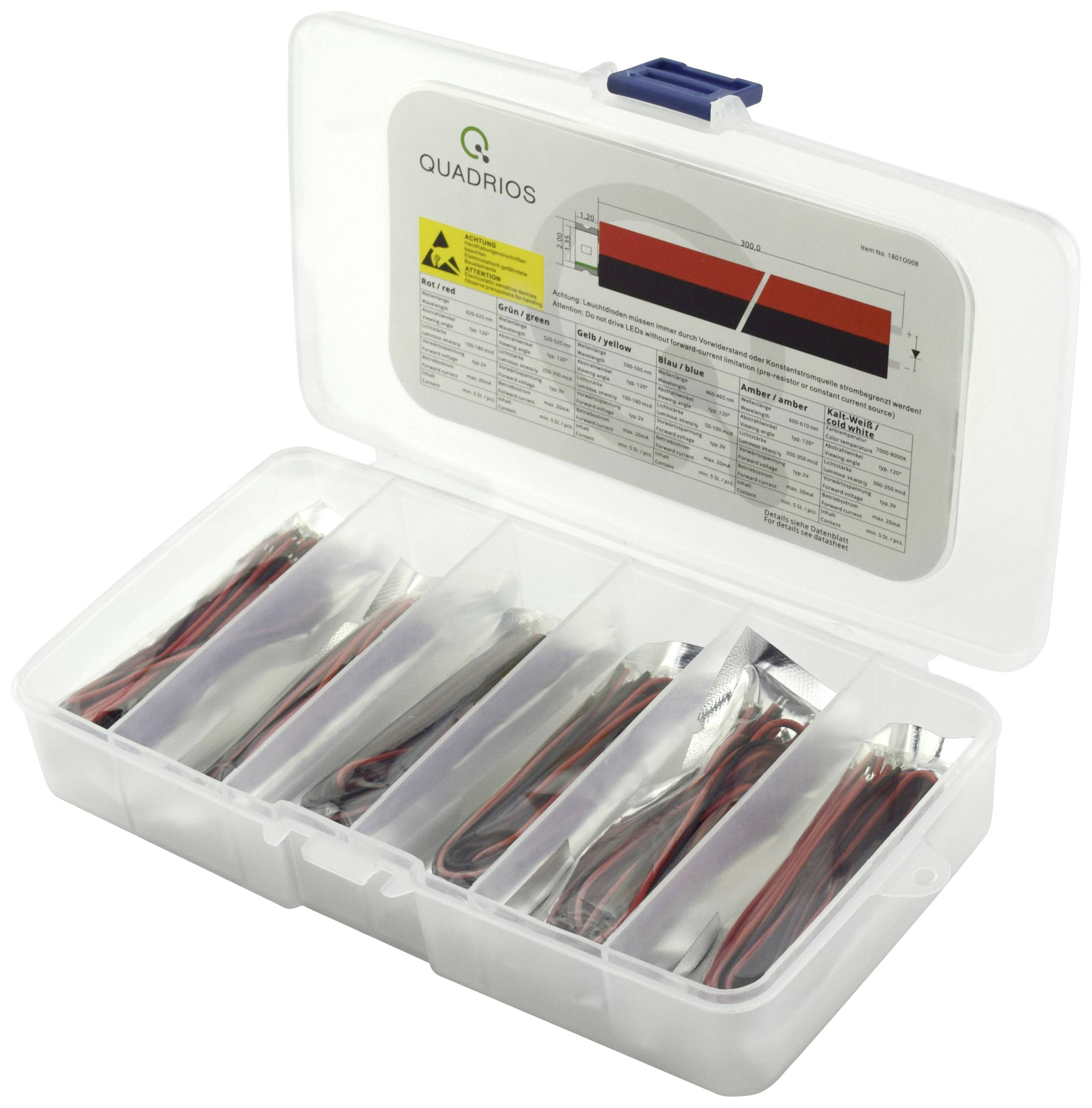 Transparente Kunststoffbox mit sechs Fächern, die isolierte Drähte enthält. Oberhalb ein Diagramm mit technischen Informationen.