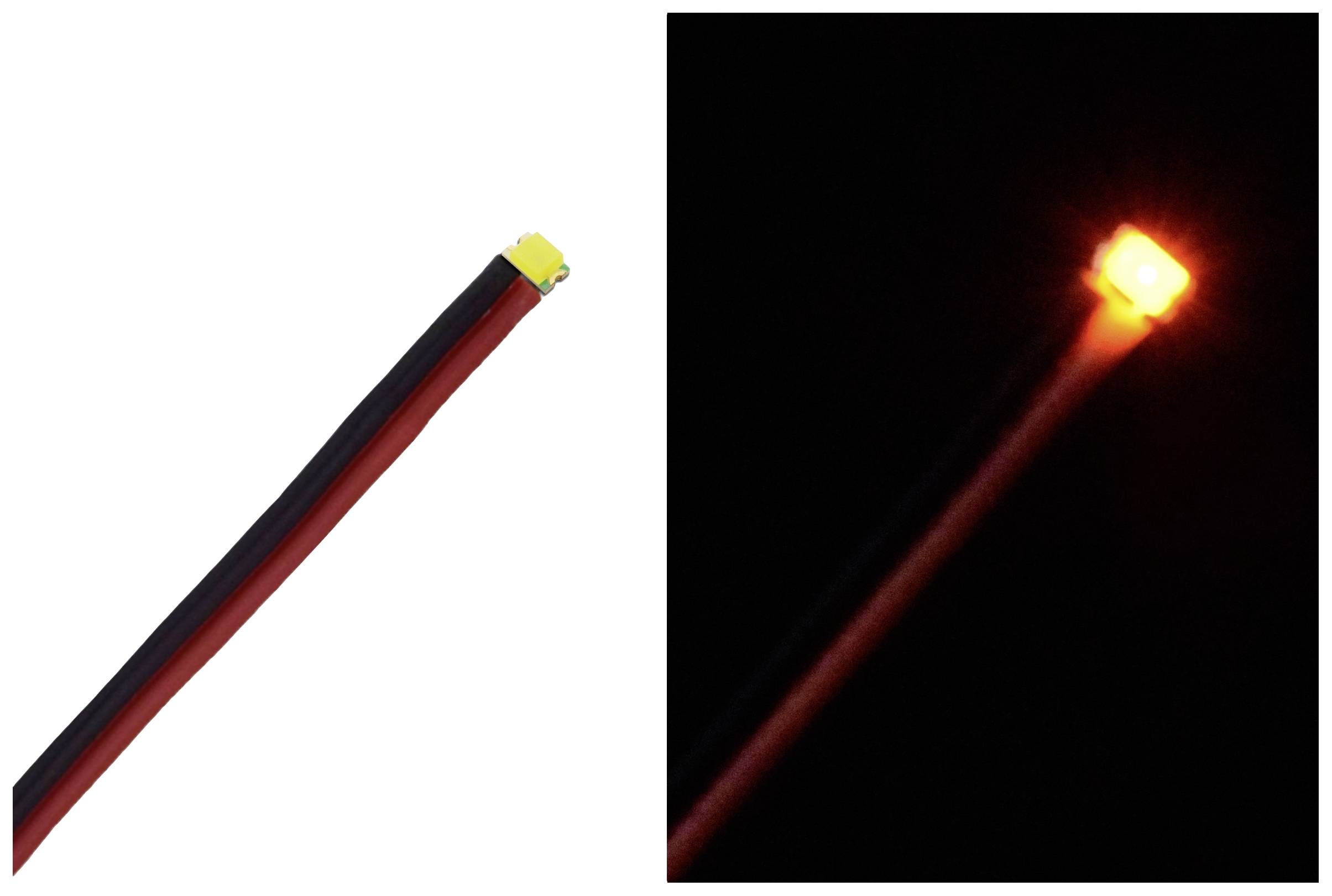 Nahaufnahme eines mit einem gelben LED leuchtenden Streifen, dunkel im linken Bild, leuchtet orange im rechten Bild.