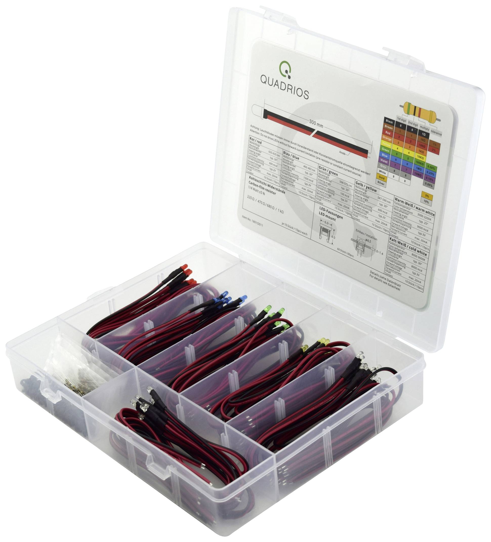 Quadrios LED-Sortiment Rot, Grün, Gelb, Blau, Kaltweiß, Warmweiß 3mm 20mA 3.0V