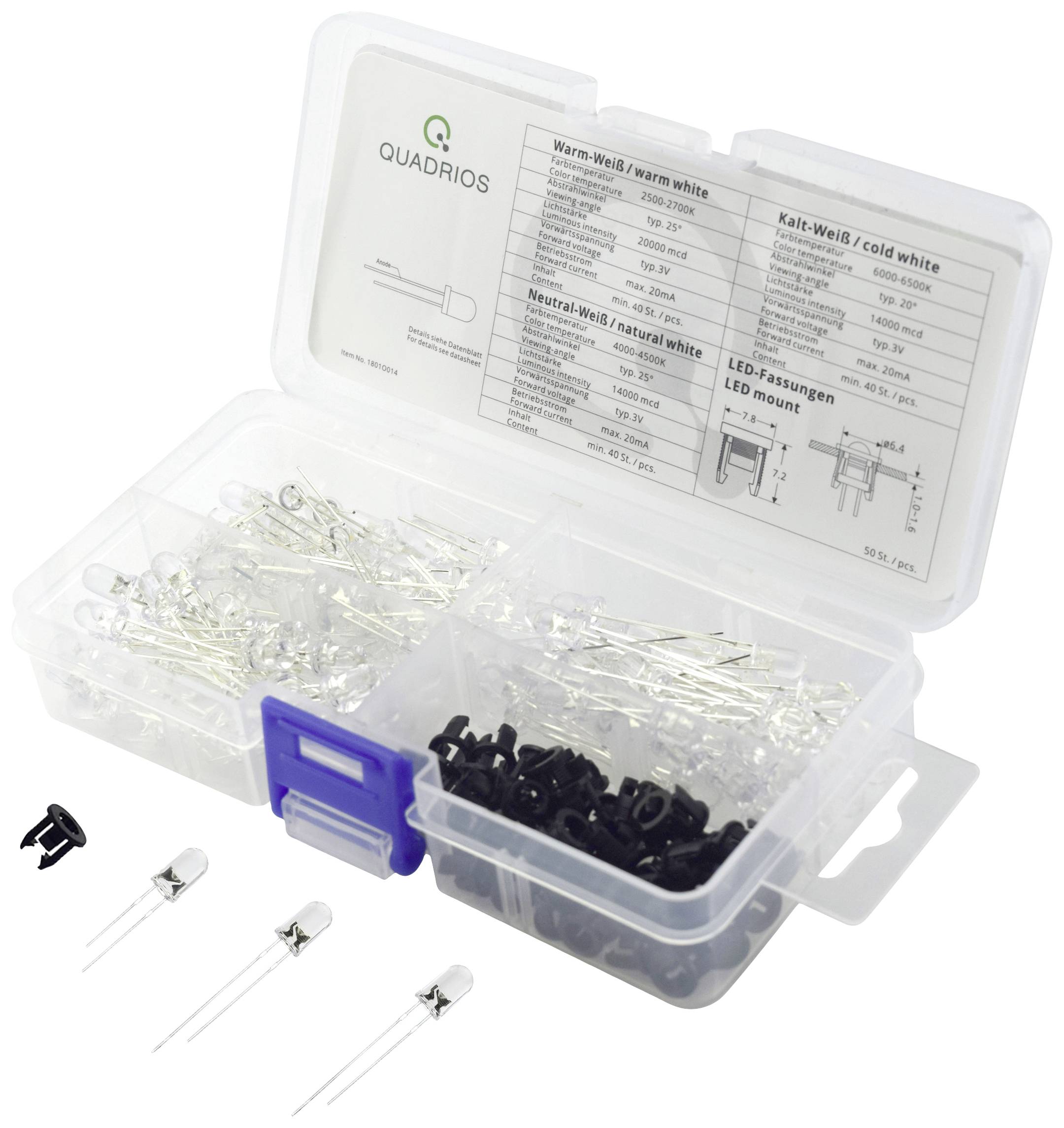 Quadrios LED-Sortiment Warmweiß, Kaltweiß 5mm 20mA 3.0V