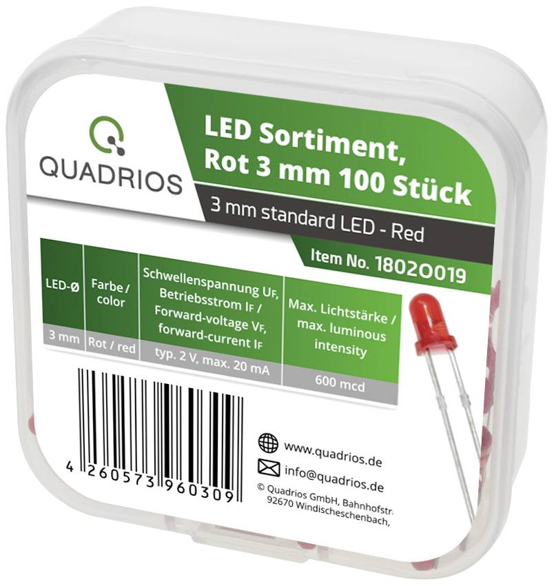 Quadrio LED Sortiment, Rot, 3 mm, 100 Stück. Enthält 3 mm Standard-LEDs mit 600 mcd Helligkeit, Vorwärtsspannung 2 V, 20 mA.