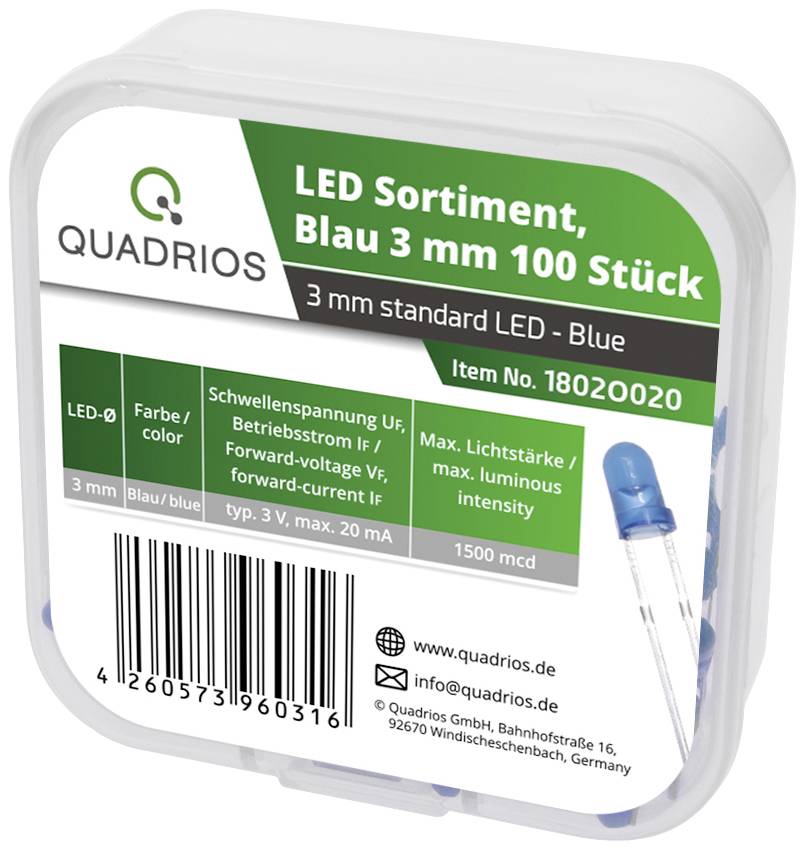 Quadrios LED-Sortiment Blau 3 mm 20 mA 3.0 V