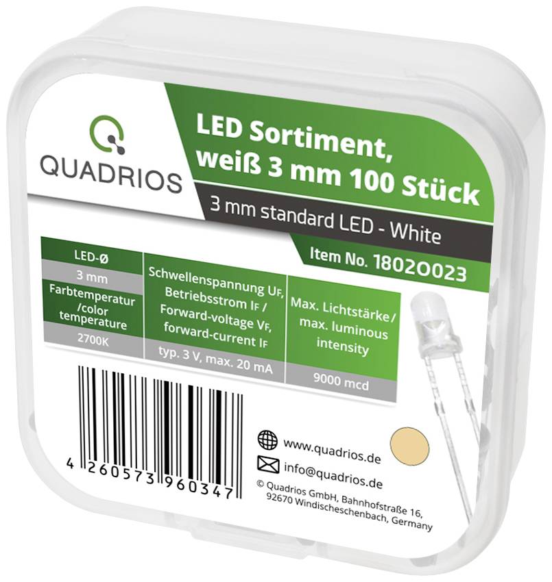 Quadrios LED-Sortiment Warmweiß 3 mm 20 mA 3.0 V