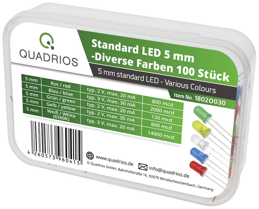 Quadrios LED-Sortiment Bunt 5mm 20 mA, 30mA 2 V, 3V