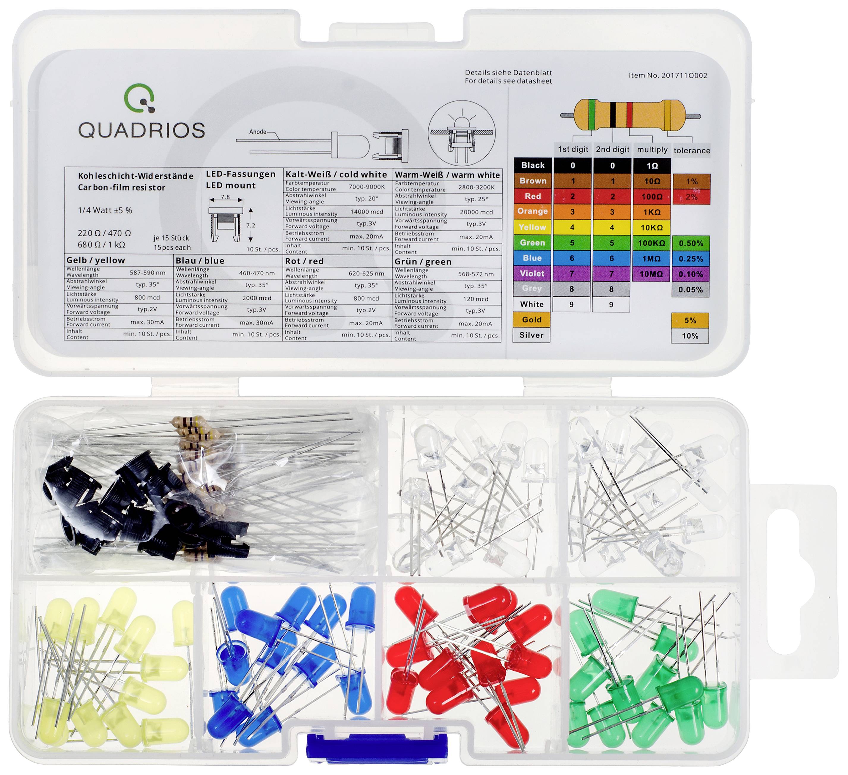 Quadrios LED-Sortiment Rot, Grün, Gelb, Blau, Kaltweiß, Warmweiß 5mm 20 mA, 30mA 2 V, 3V