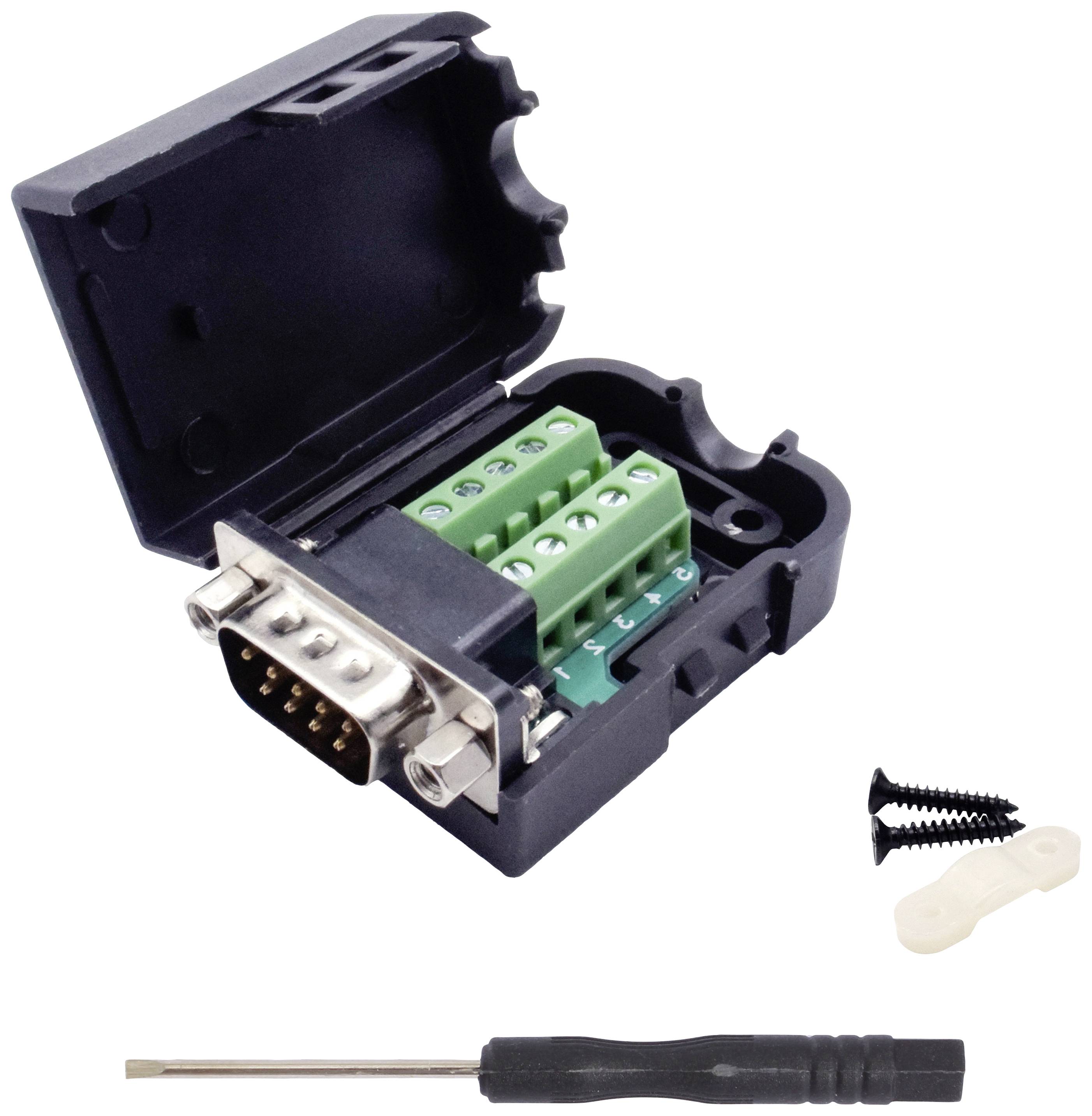 Ein geöffnetes DB9-Steckeranschlussgehäuse mit Schraubklemmenblock, gezeigt neben einem Schraubendreher und Montageschrauben.