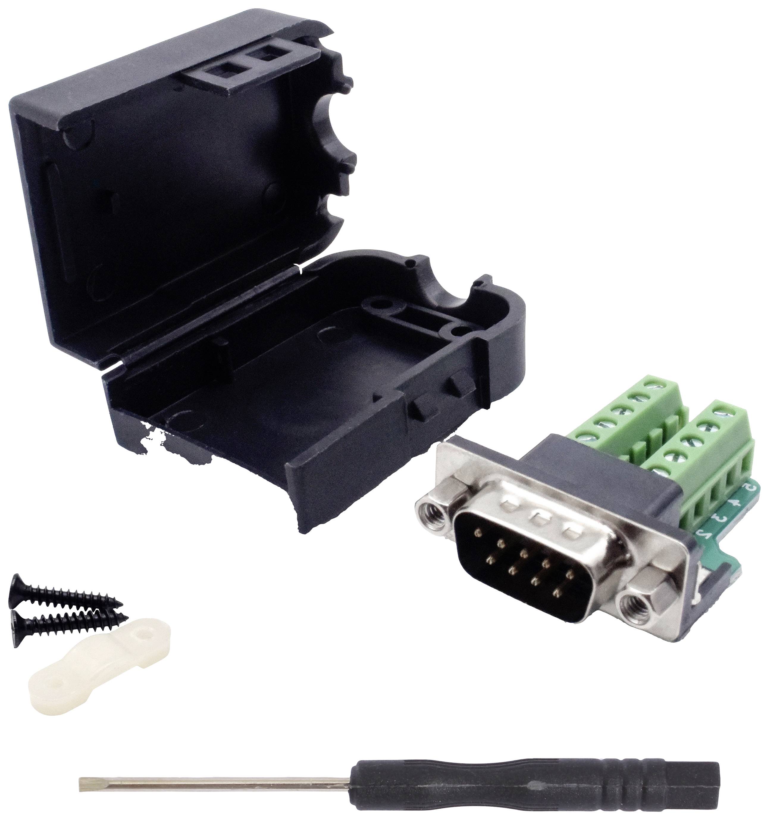 Gehäuse, D-Sub-Stecker mit Schraubklemmen, zwei Schrauben, ein Plastikclip und ein Schraubenzieher.