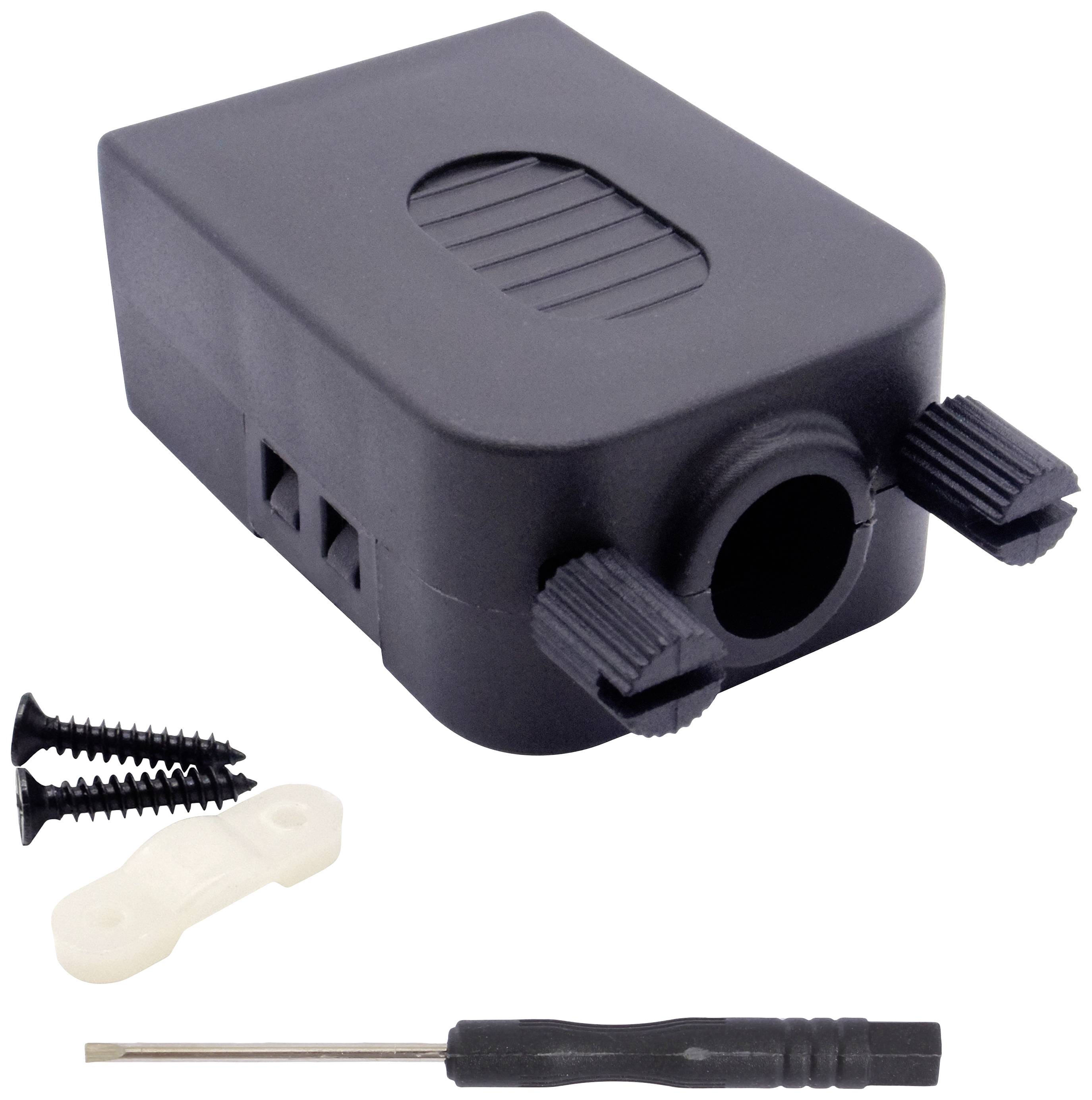 Ein schwarzes elektrisches Anschlussgehäuse mit Kabeldurchführung und zwei Schraubverschlüssen. Enthalten sind zwei Schrauben, ein Kunststoffteil und ein kleiner Schraubenzieher.