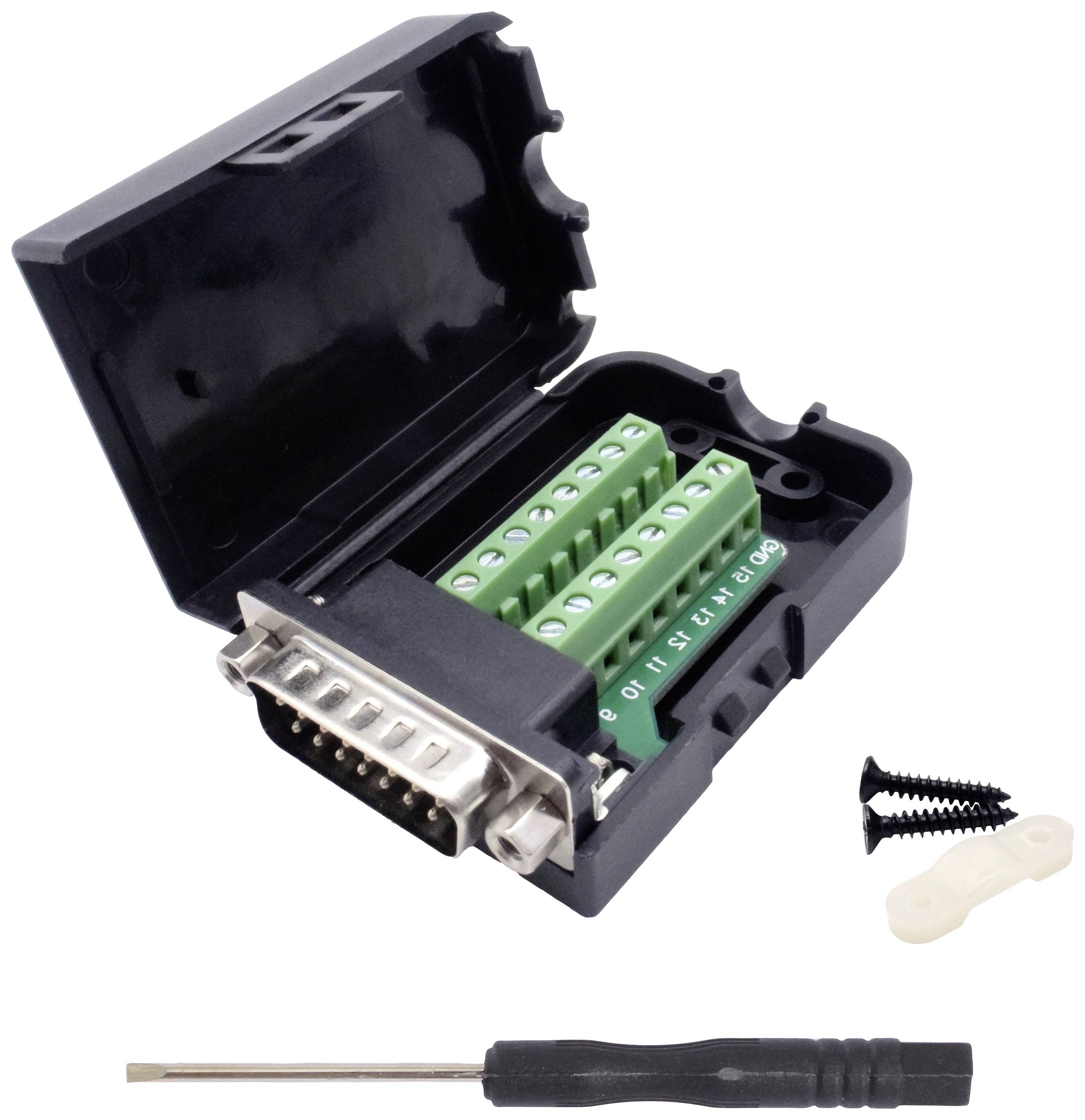 DB9-Steckergehäuse offen, zeigt grüne Anschlüsse mit Beschriftungen. Beiliegend sind ein kleiner Schraubendreher, zwei Schrauben und ein Kabelbinder.