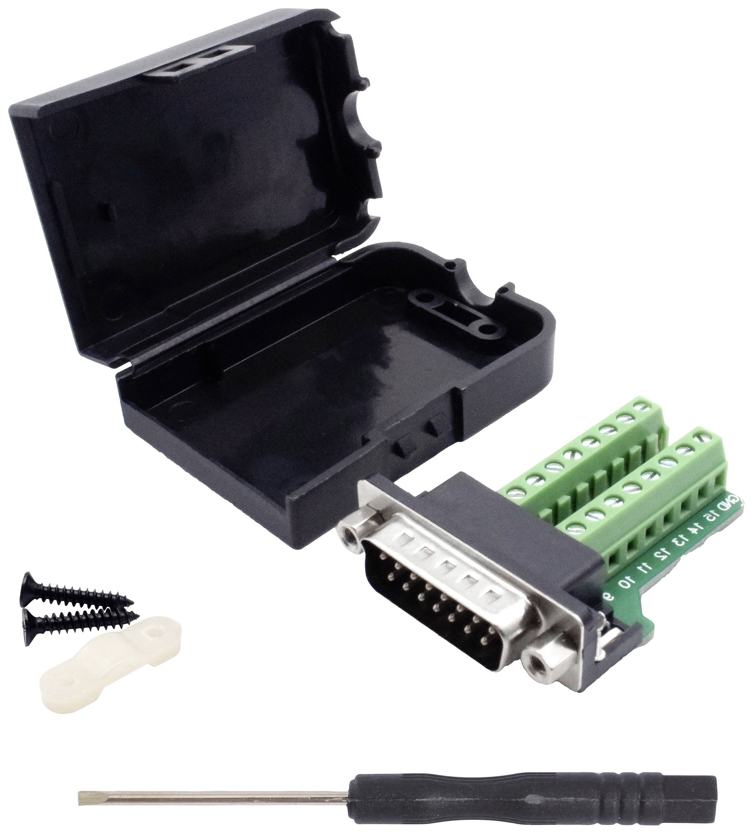 DB9-Stecker-Bausatz mit schwarzem Gehäuse, grünen Schraubklemmen, Schrauben und Schraubendreher, für Kabelverbindungen geeignet.
